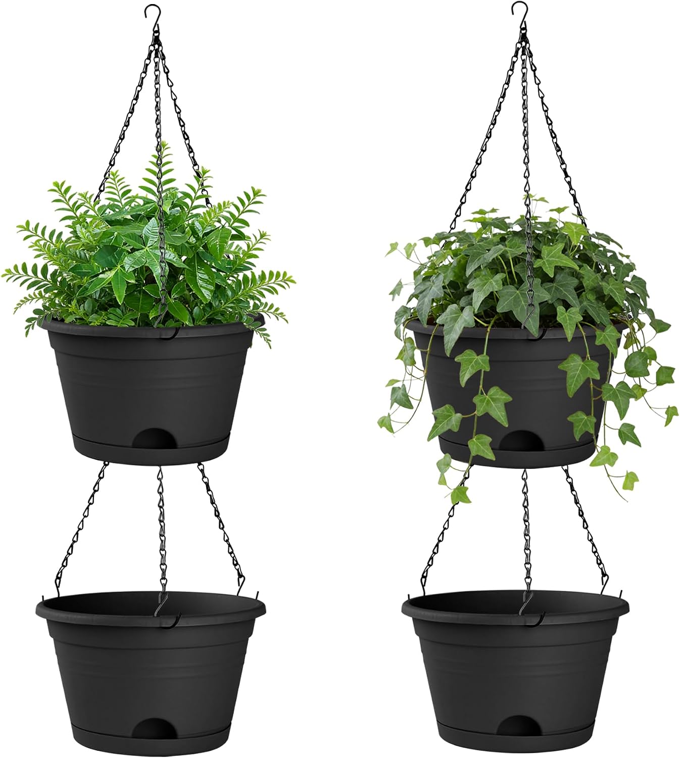 4 Pack 10 Inch Hanging Planters, Hanging Baskets for Plants Outdoor, Black | Plactic Hanging Plant Pots with 40cm Chain & Removable Drainage Trays, Hanging Flowers Pots for Home Garden Porch Decor