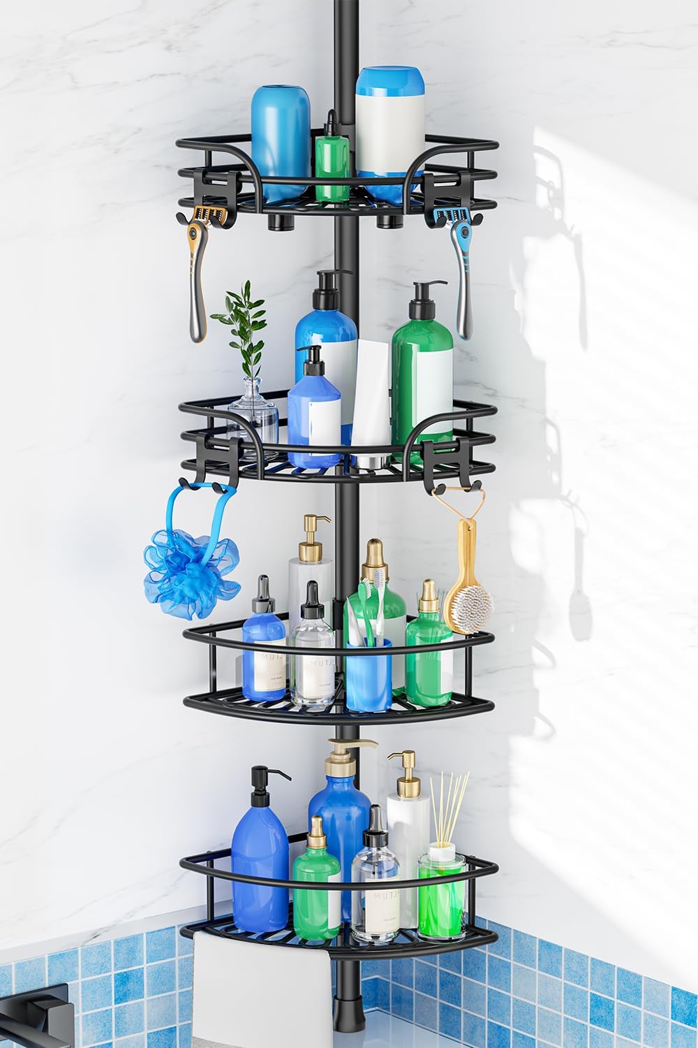HAMITOR Corner Shower Caddy Tension Pole: 4-Tier Large Capacity Bathroom Organizer Shelf with Towel Bar – Rustproof No-Drill Adjustable 47-123 inch Storage for Renters, Home Bathtub Stand Rack, Black