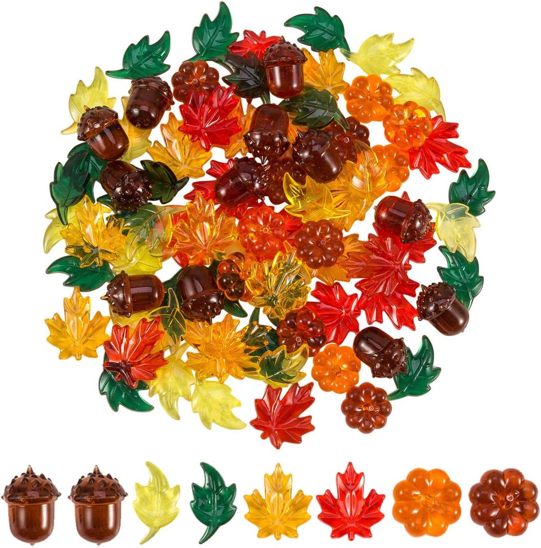 84 Pcs Acrylic Leaves Mini Pumpkin Maple Leaves Acorns Crystals, 5 Colors | Thanksgiving Home Table Scatters, Autumn Table Decoration, Vase Filler, Gems Included