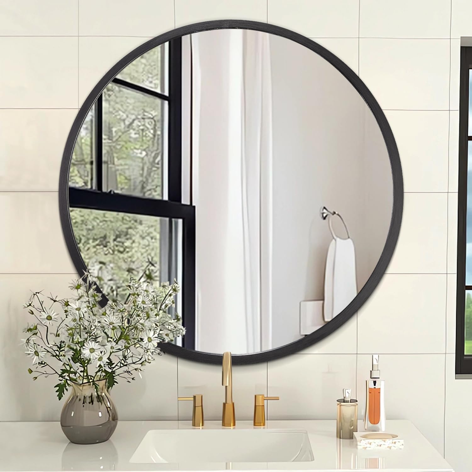 AOAOPQ Black Round Mirror for Wall Small Round for Bathroom Entryway Living Room Hallway Matte Frame Tempered Glass Mirrors Anti Rust Hangs Tempered Glass for Bedroom Entry Dining Room