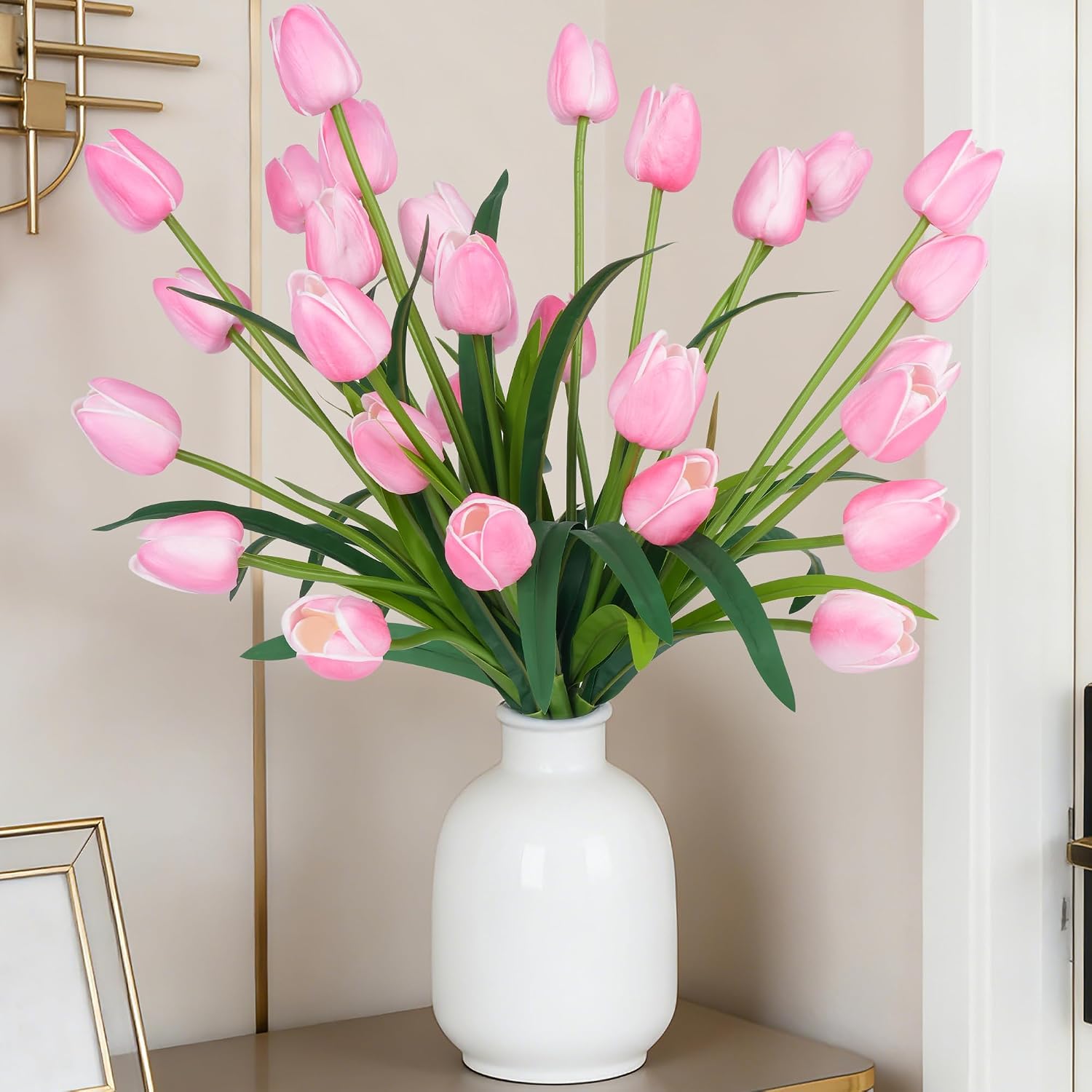 18.9 “Large Pink Simulation Tulip Artificial Flowers, 30-Pack. Perfect for Spring Weddings, Valentine’s Day, Easter, Mother’s Day, and Elegant Home and Table vase Arrangements.
