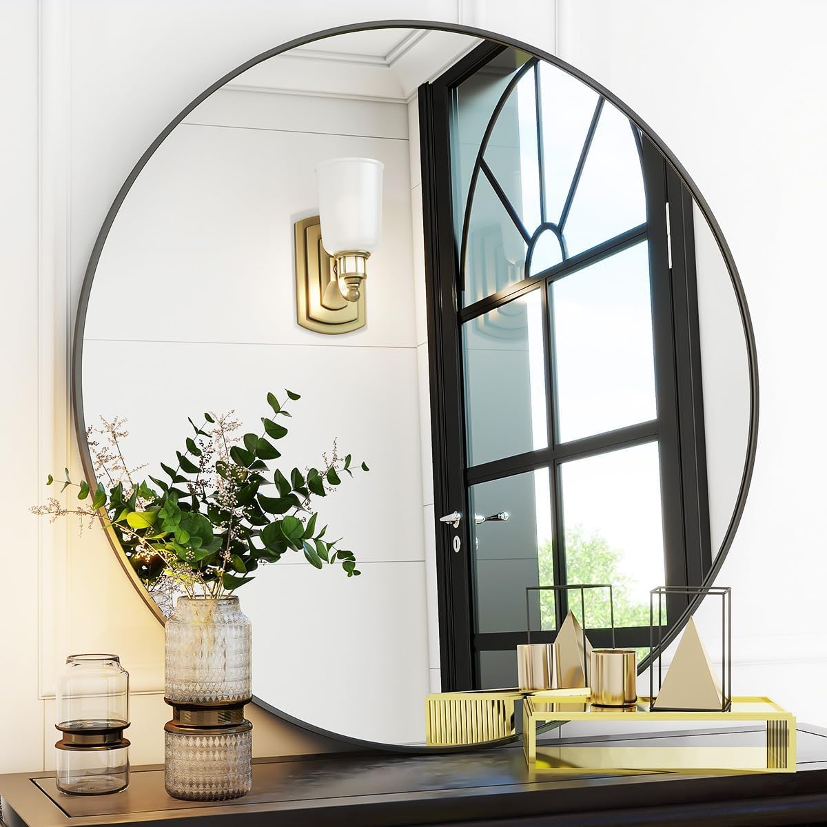 VooBang Black Round Bathroom Wall Mirror 30″ | Circle Wall Mounted Mirror with Simple Modern Circular Metal Frame Hanging Leaning for Hallway, Entryway, Mantle, Living Room