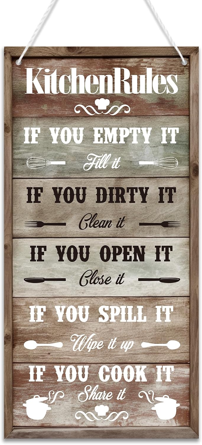 Kitchen Rules Decorative Sign | Rustic Farmhouse Style, Printed Wall Art, Kitchen Hanging Design, 13.7 x 7 inches