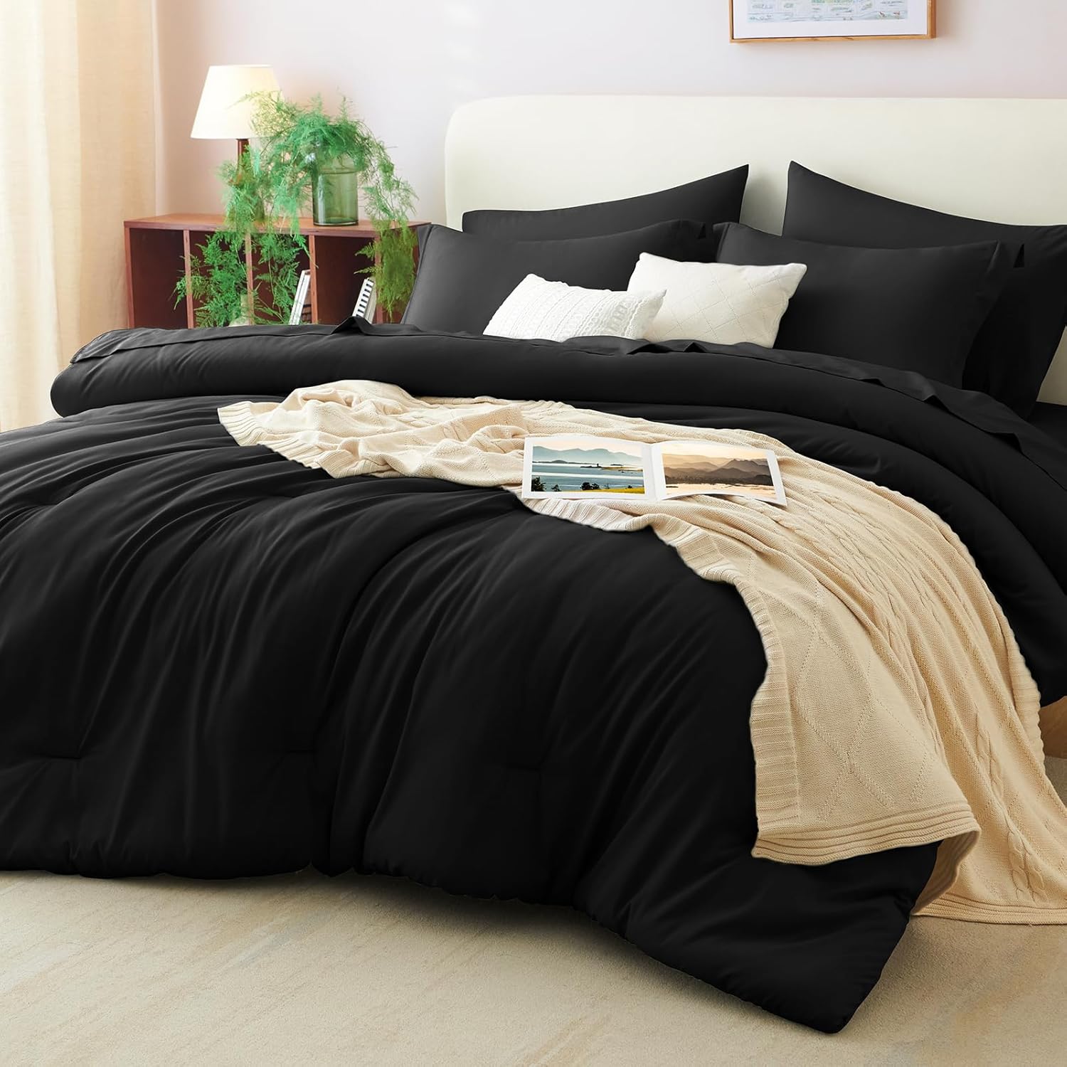 CozyLux Queen Comforter Set Black, 7 Pieces Bed in a Bag Queen Comforter Set with Sheets, Soft Bedding Sets with Down Alternative Comforter, Sheets, Pillowcases & Shams, Soft Bed Set for All Seasons