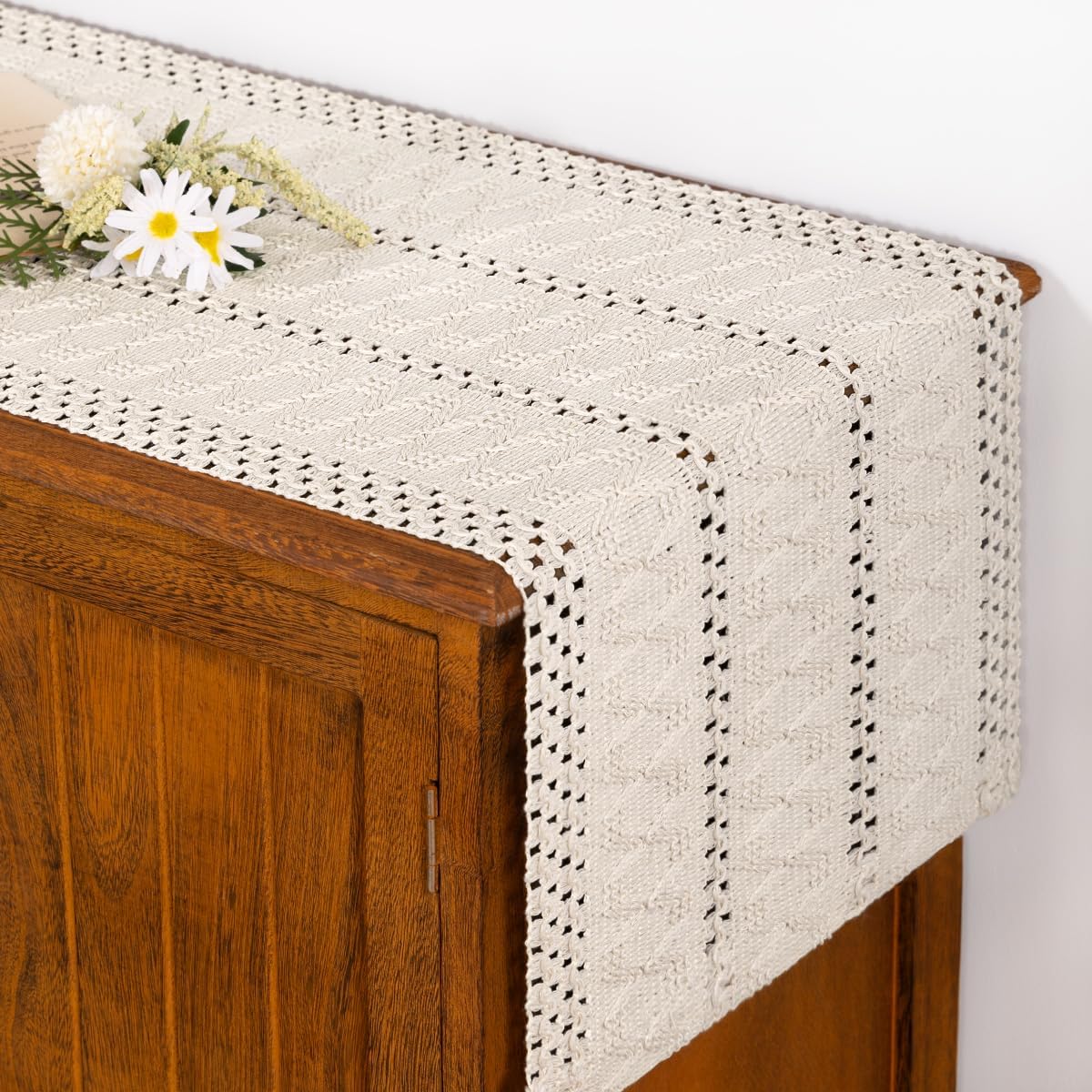 Boho Table Runner Summer Farmhouse Rustic Dining Dresser Scarf Home Decor | Kitchen Centerpiece Small Macrame Woven Cotton Linen Coffee Table Runner Holiday Birthday Party Decorations 36in Beige