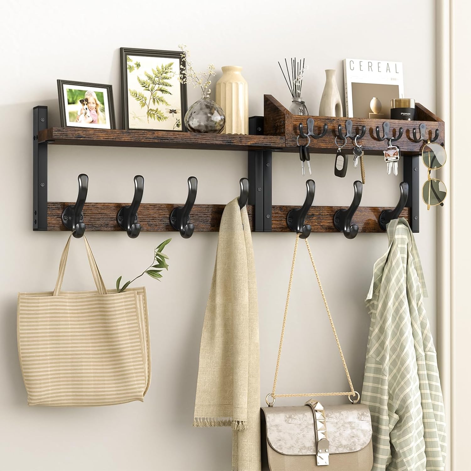 Evermagin 29″ Coat Rack Wall Mount with Shelf for Entryway, Rustic Brown | Wall Mounted Coat and Key Rack with Hooks, Key Holder with Mail Organizer for Wall, Living Room, Mudroom, Bedroom