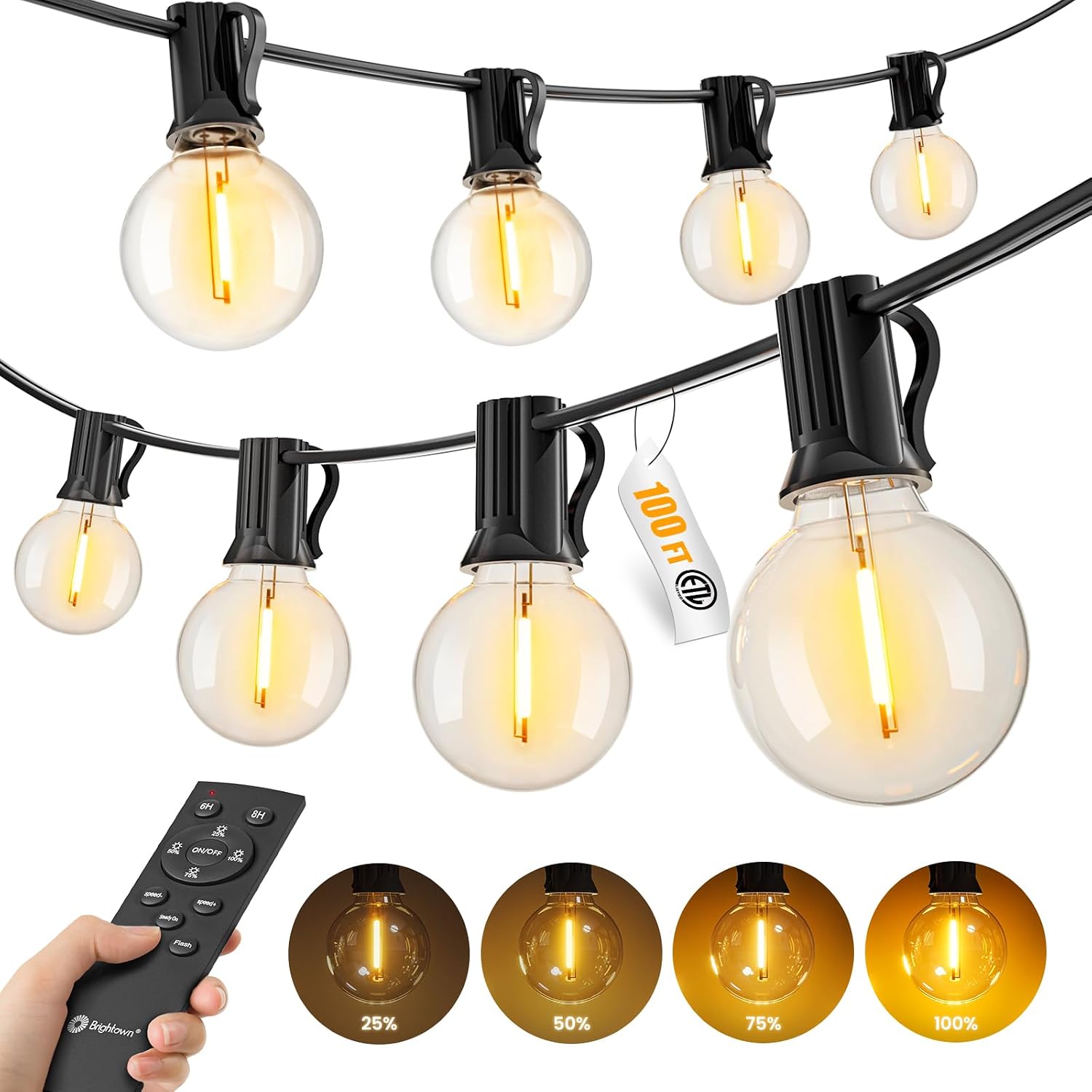 100Ft Outdoor String Lights with Remote, Dimmable G40 LED Bulbs, Waterproof | Shatterproof Connectable Hanging Patio Lights for Porch, Backyard, Bistro, Deck, Balcony, Home, Garden Decor