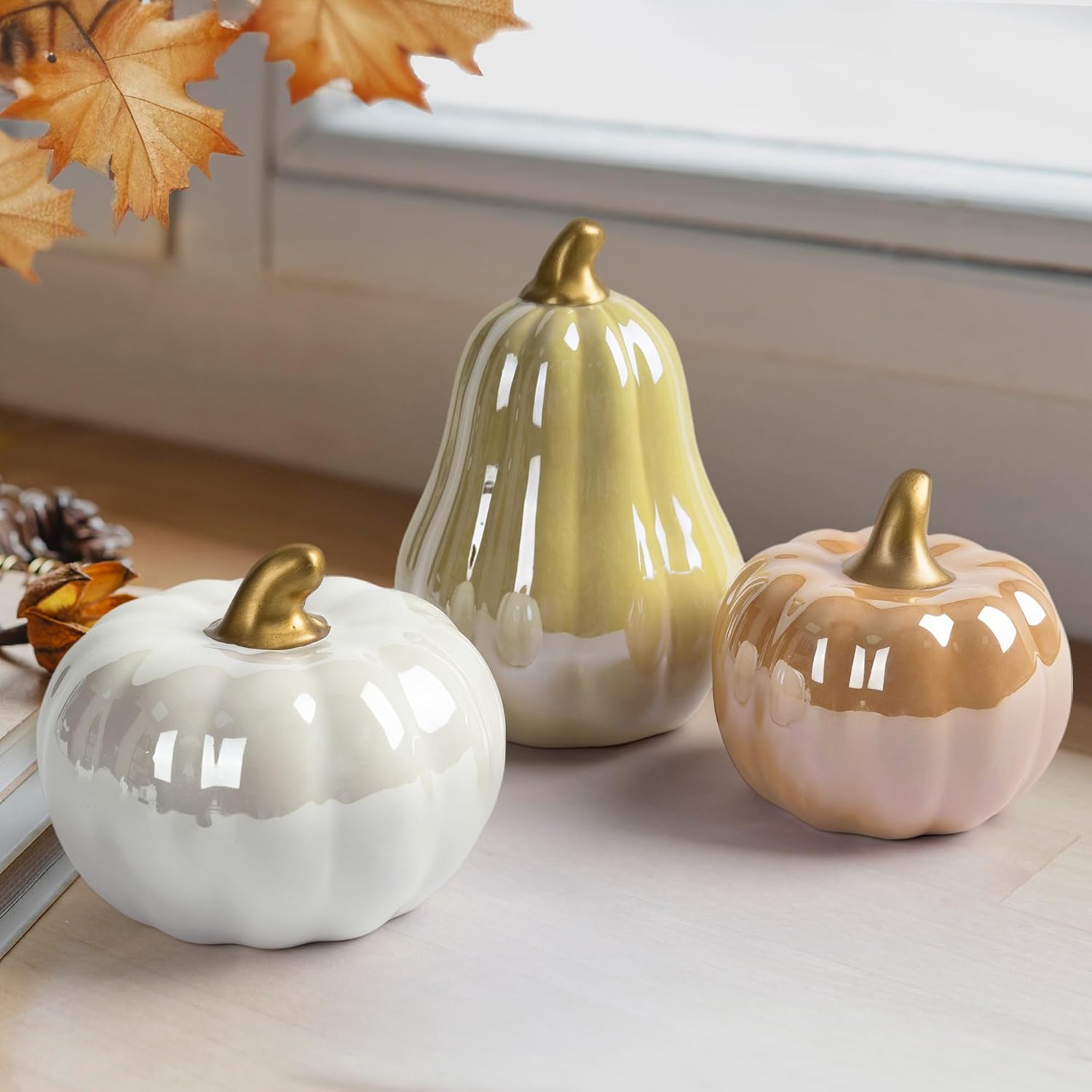 AELS Modern Ceramic Pumpkins Fall Decor Indoor, Cozy Farmhouse Tabletop Decorations, Artificial Pumpkins Decor for Fall Table Runner, Office, Holiday Party Home, Set of 3 Neutral Tones