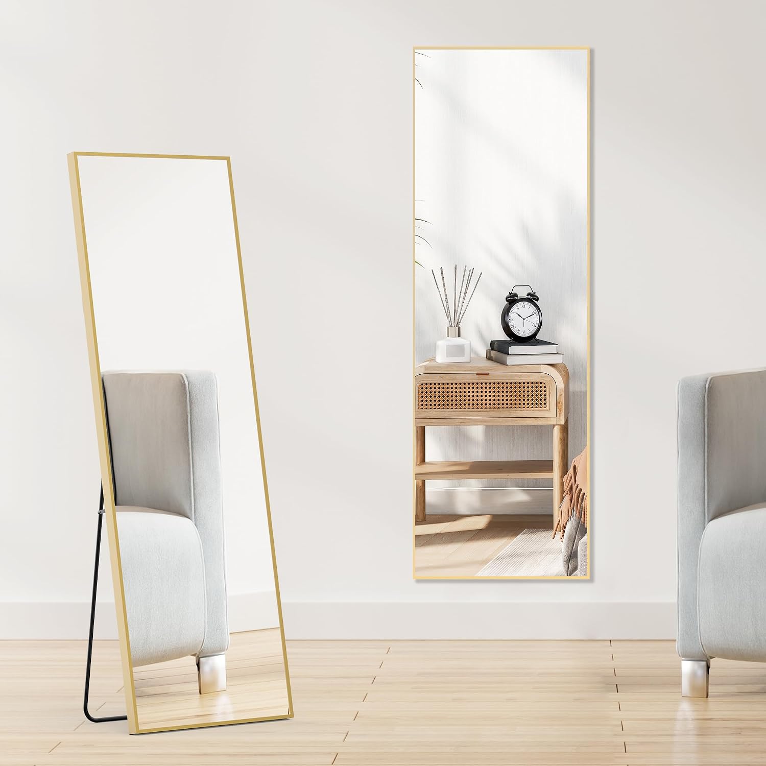 DUMOS Gold Full Length Mirror 59″x16.5″ Full Body Floor Mirror for Bedroom or Cloakroom, Can Stand Alone, Hang or Lean Against Wall, Tall Wall Mirrors with Stand and Sleek Aluminum Alloy Thin Frame
