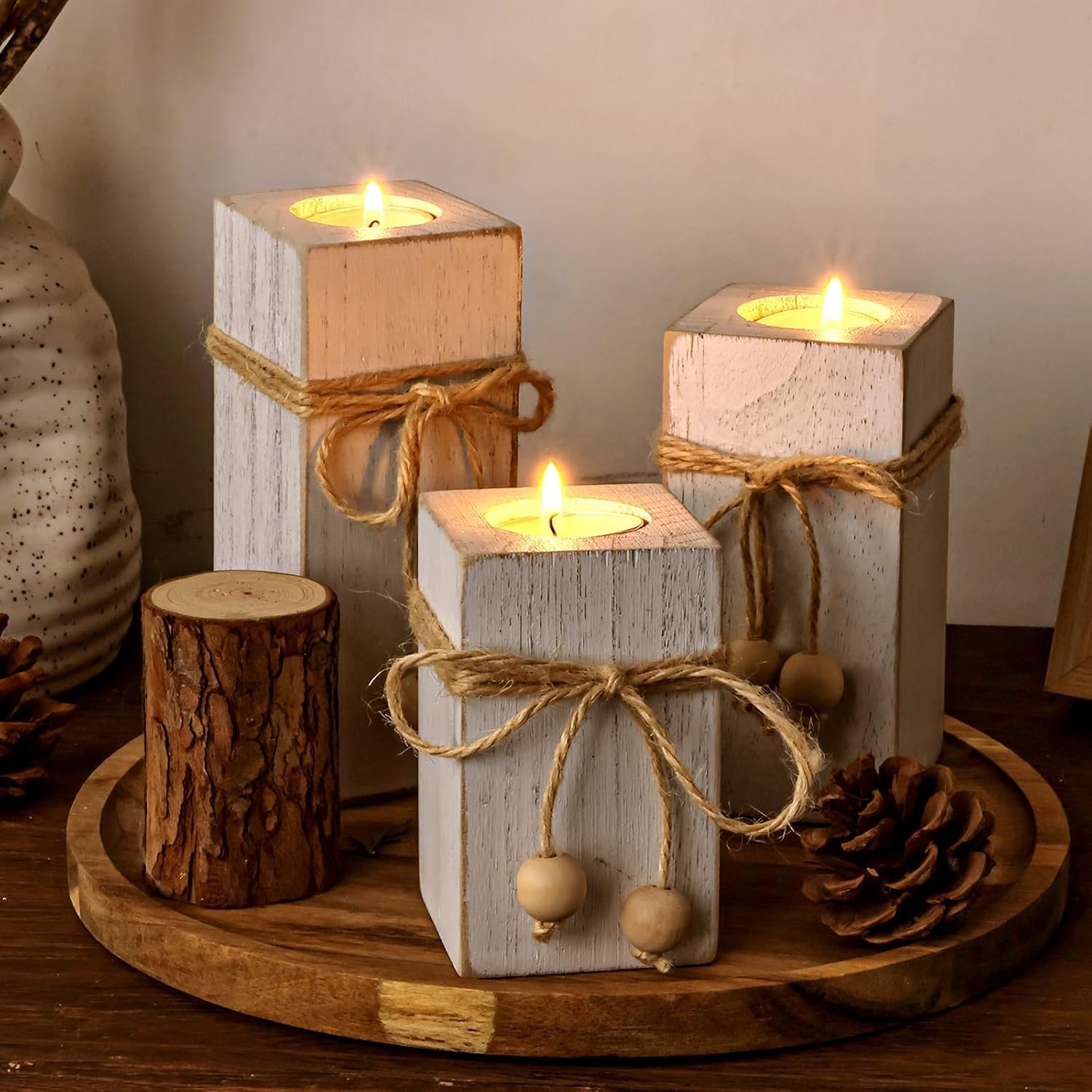 White Farmhouse Candle Holder with Flameless LED Candles Farmhouse Decor 3p | Wooden Candle Holders, White Rustic Farmhouse Decor With Battery Operated for for Valentines Holiday Party Home Decor