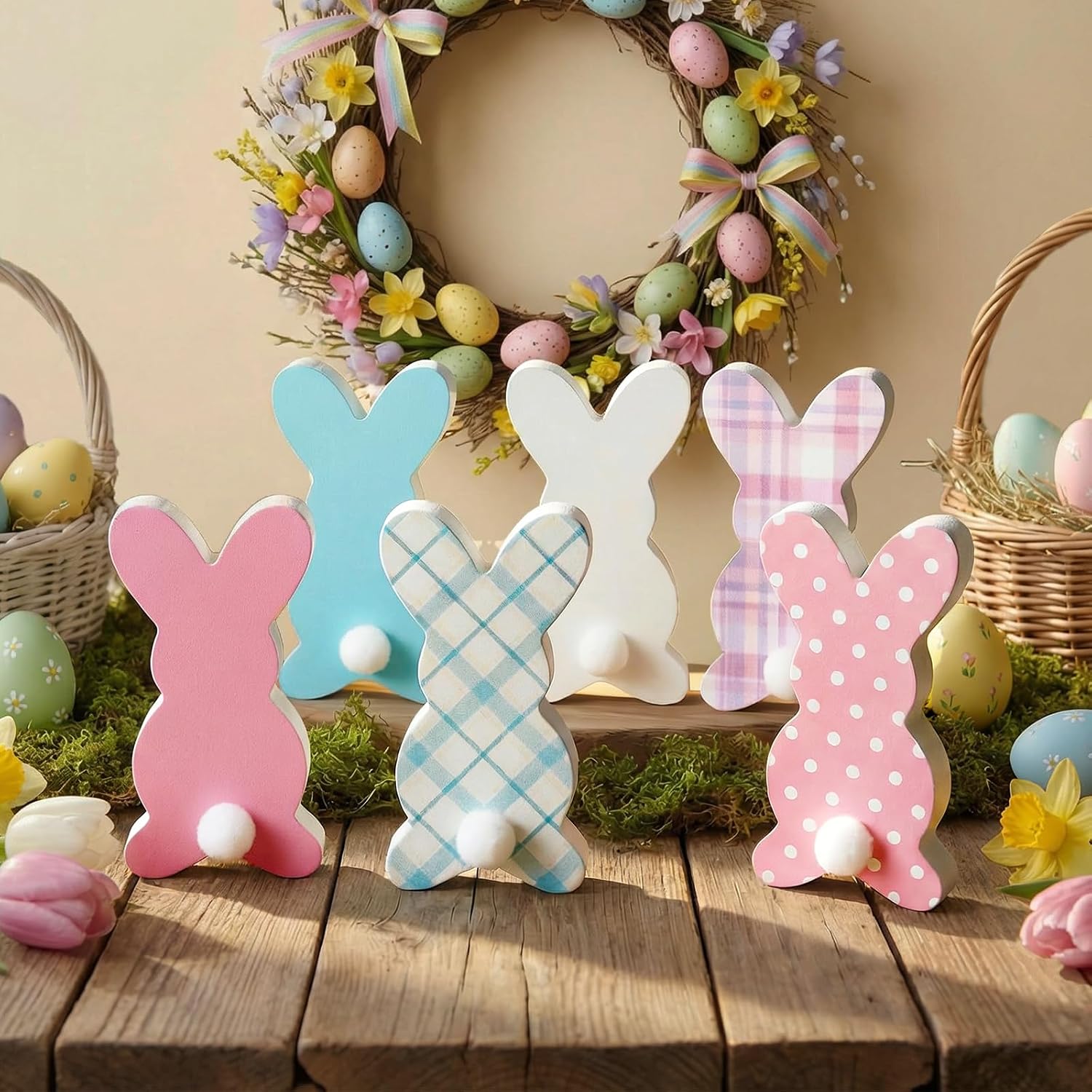 Easter Decorations Table Decor, 6 Pcs Plaid Wood Bunny with Pom-Pom Tail, Cute Rabbit Spring Holiday Plaid Color Design Happy Easter Centerpiece Tiered Tray Decoration Sets for the Home, Mantel, Shelf, Colorful