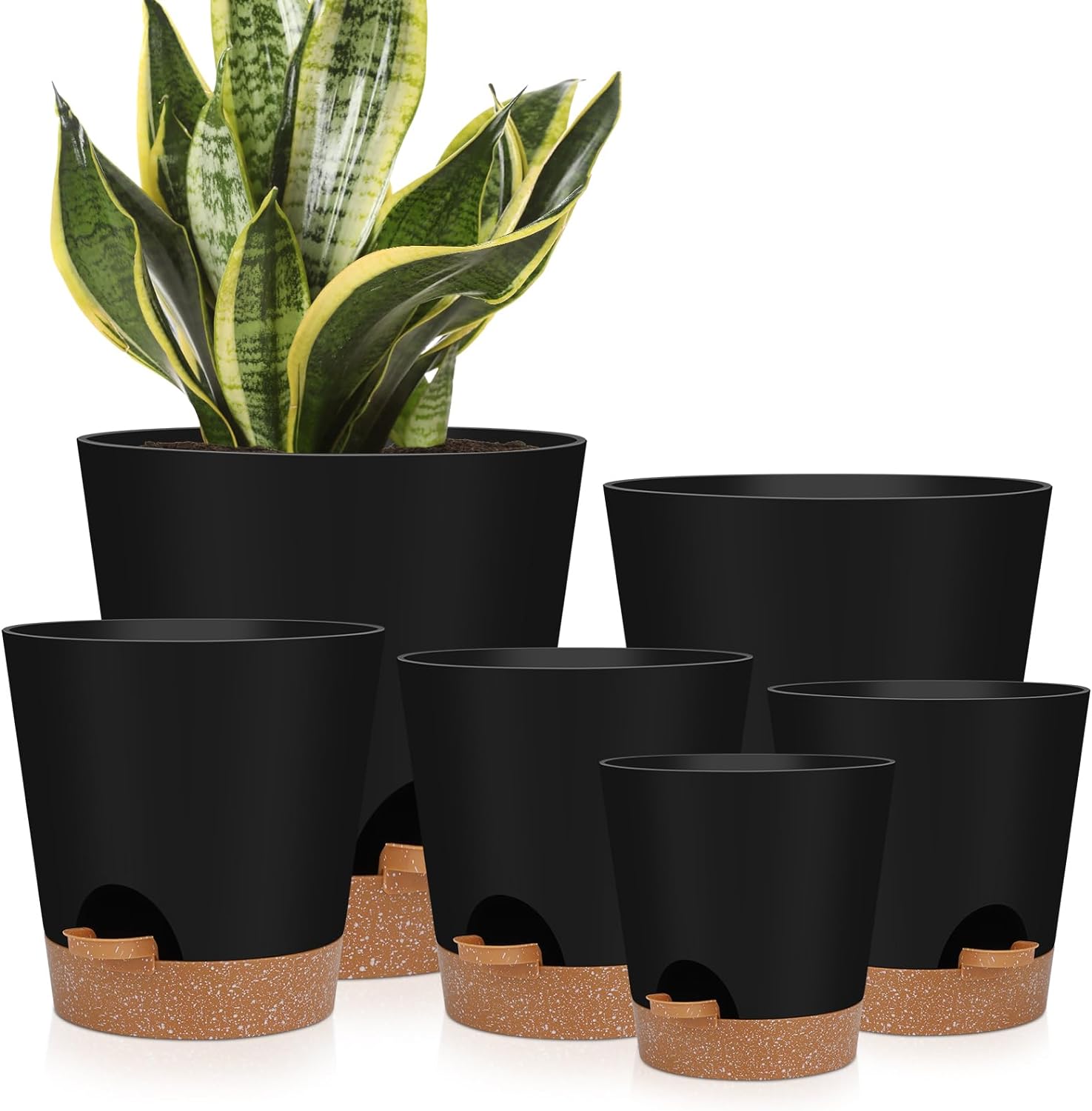 YNNICO Indoor Self Watering Planters with Drainage Holes and Saucers, 8, 7, 6.5, 6, 5.5, 5 Inches, Black, 6 Pots