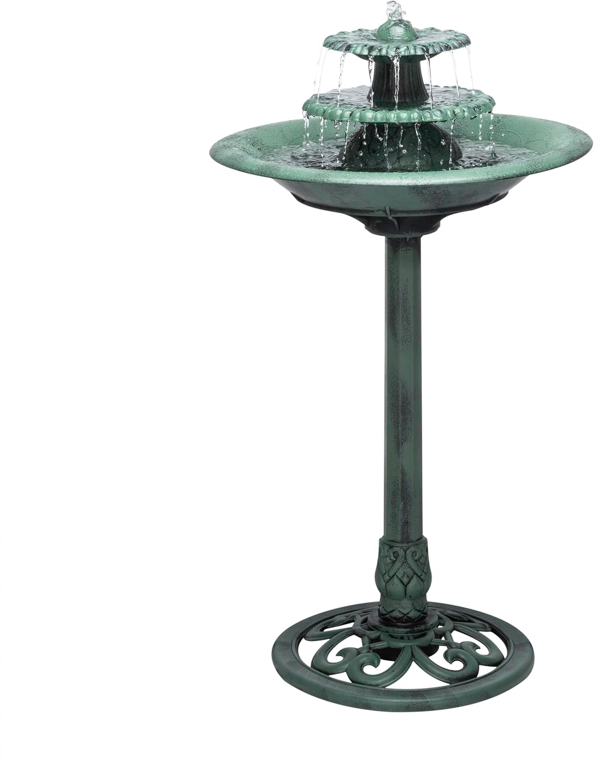 Alpine Corporation 35″ Tall 3-Tier Outdoor Pedestal Water Fountain – Durable Resin Cascading Water Feature and Birdbath for Garden, Patio, Deck, and Backyard, Green