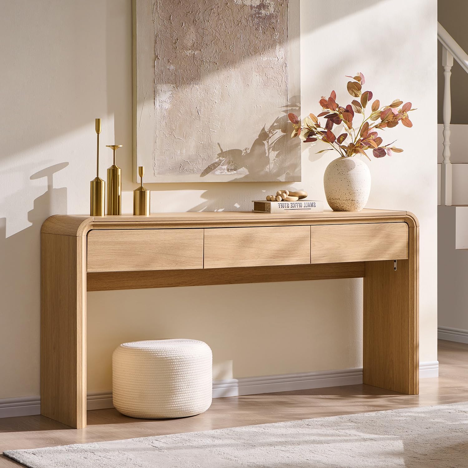 Aitjunz 63” Console Table with 3 Drawers, Modern Entryway Table with Curved Profile Design, Narrow Long Wood Sofa Table Behind Couch Table for Living Room, Hallway, Foyer, Natural