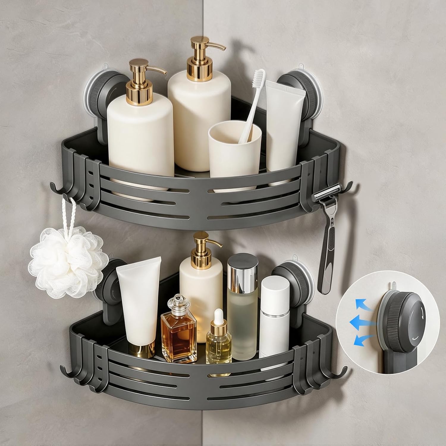Lekesky Corner Shower Caddy Suction Cups, No Drilling Bathroom Shower Shelf | Aluminum, Rustproof, Suction Cup Can Remove and Reposition, Can hold up to 22 pounds, Also Can hold large shampoo bottles