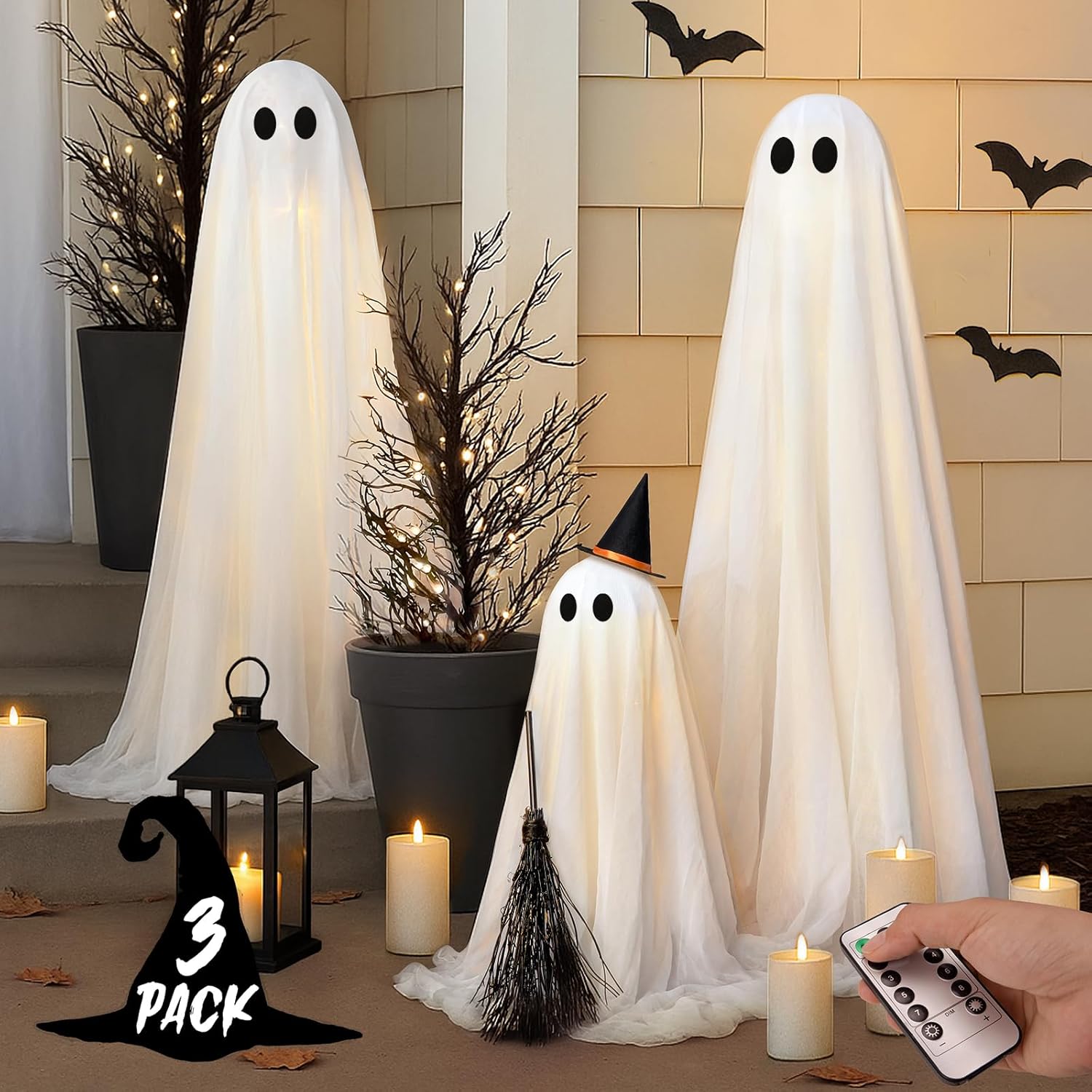 Halloween Decorations – Halloween Decorations Outdoor – Set of 3 Light Up Spooky Ghosts Decoration with 8 Light Modes Timer Remote- Indoor Cute Party Ghost Decor for Yard Porch Lawn Home Front Door