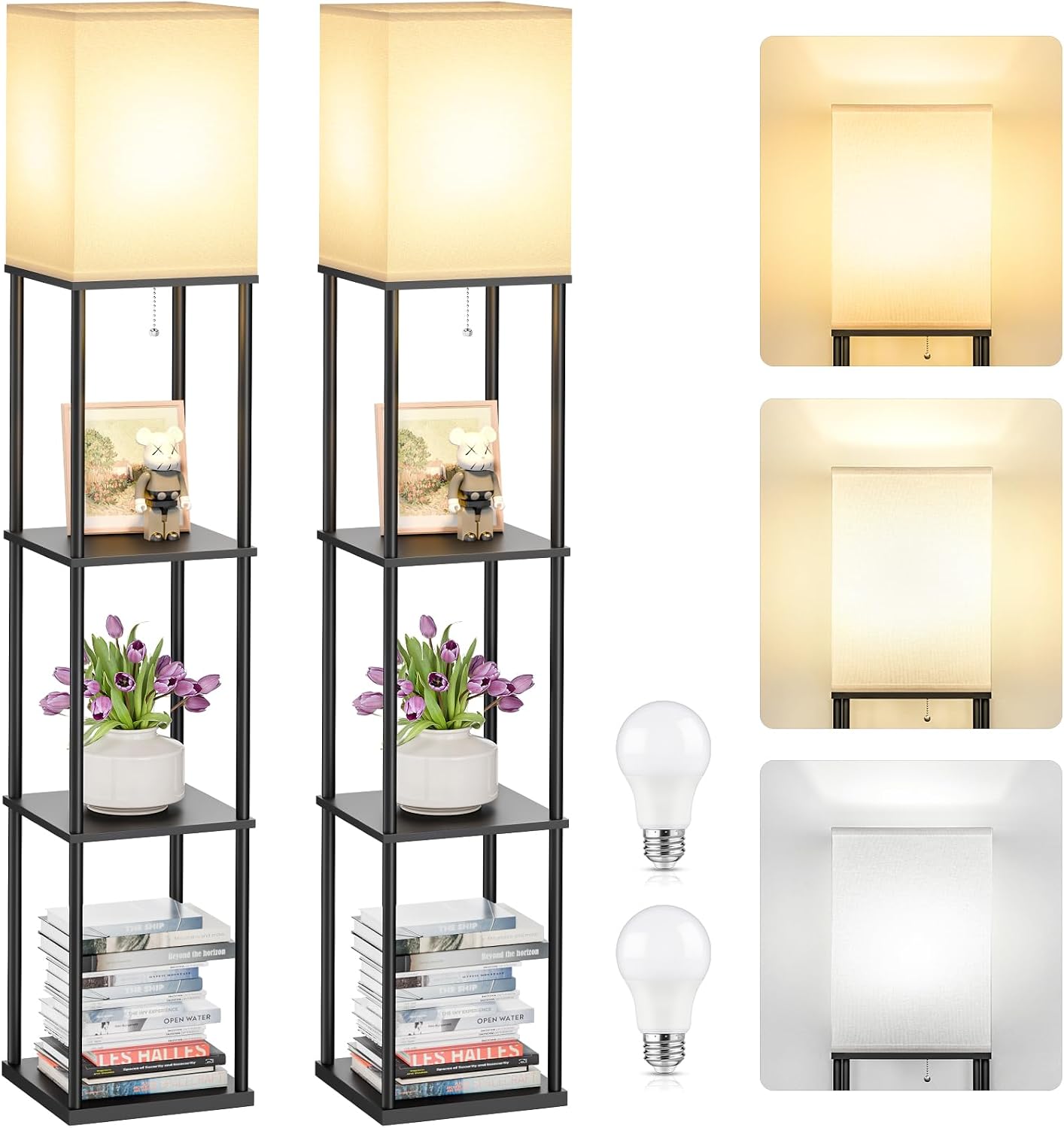 Coucrek 2-Pack Floor Lamp with Shelves, 3CCT 950LM Bright LED Bulb Included, 3-Tier Bookshelf Standing Shelf Lamp for Living Room, Bedroom, Office