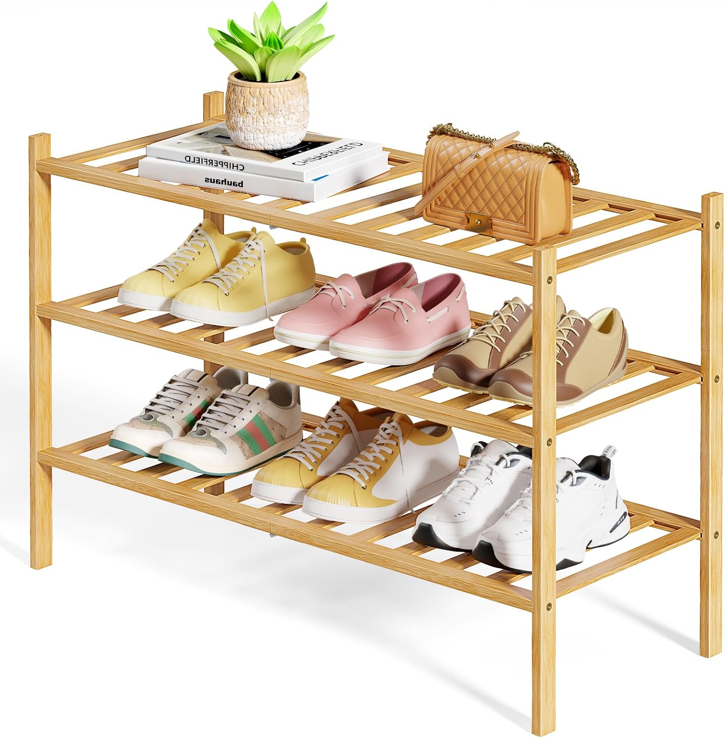 Kitsure Bamboo Wooden Shoe Rack for Closet – Stackable Shoe Organizer with Modular Structure, Space-Saving Shoe Shelf for Entryway, Living Room, Bedroom, 26.8″ x 11″ x 18.9″, Natural