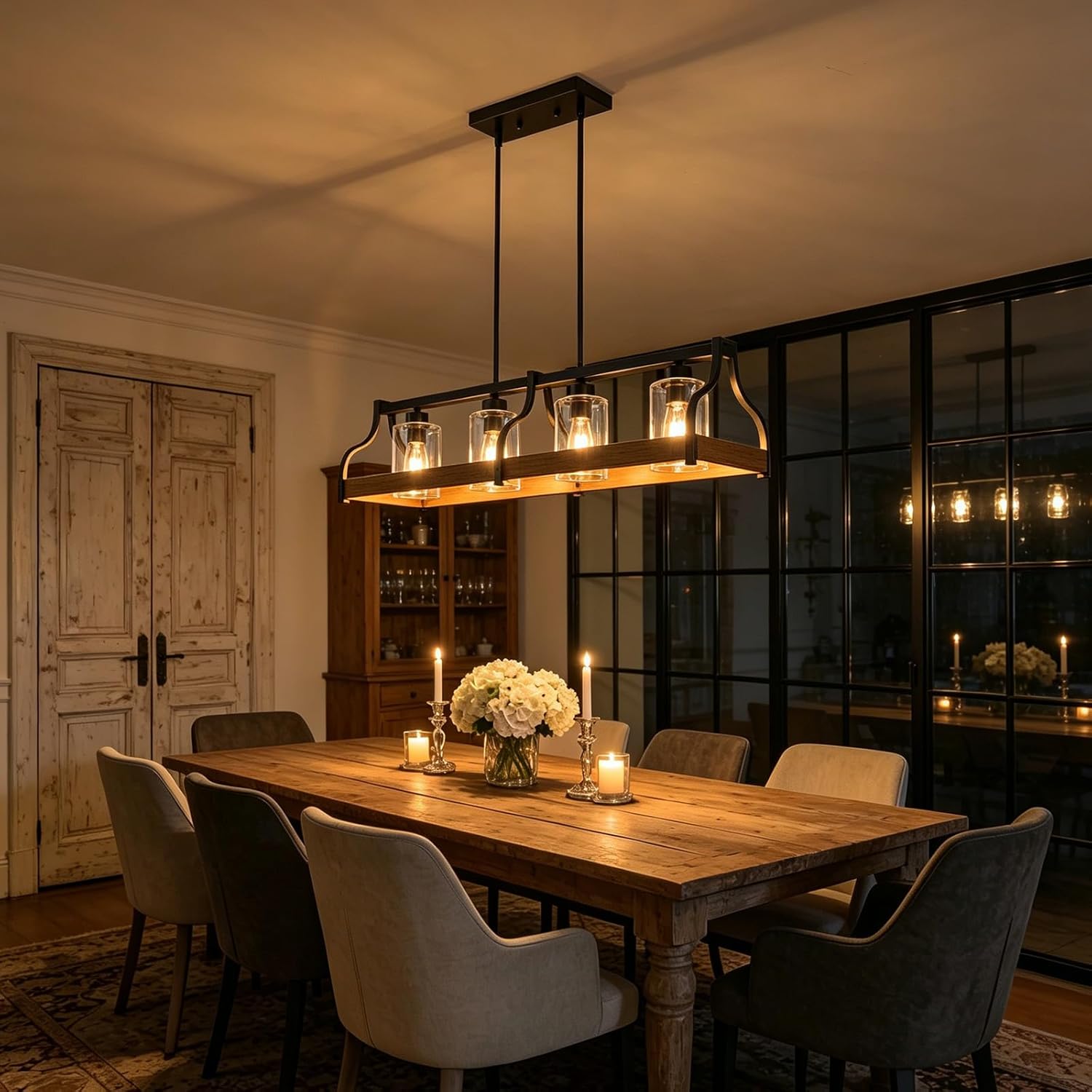 31.5″ Farmhouse Chandeliers for Dining Room, Black Kitchen Island Lighting | Clear Glass, Faux Wood 4-Light Kitchen Island Lights for Kitchen, 39″ Adjustable, Rustic Farmhouse Dining Room Light Fixture