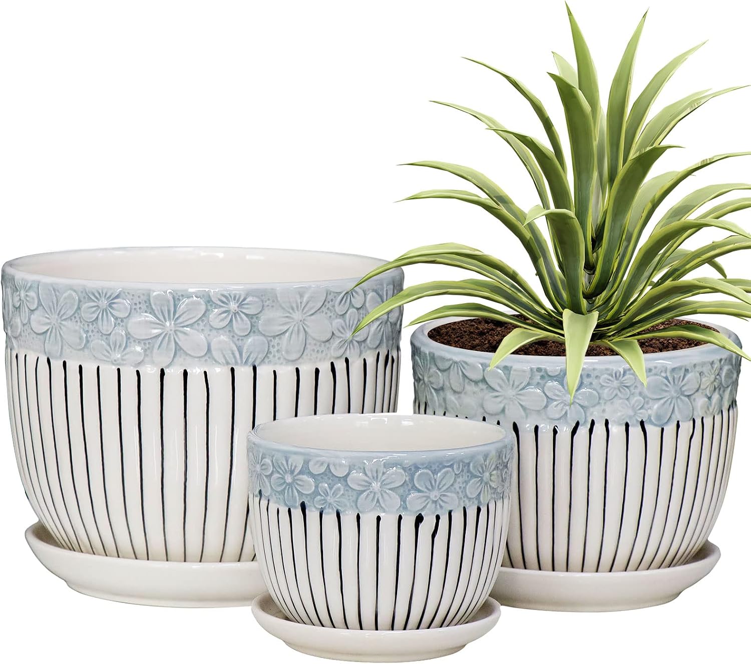 Gray Flower Pots, Texture Ceramic Plant Pots for Indoor Plants Set of 3 | Planters with Saucer | Cute Garden Pots | 6.7/5.5/4 Inch Succulent Pots | Indoor Decor Pots for Plants | Outdoor Garden Pots