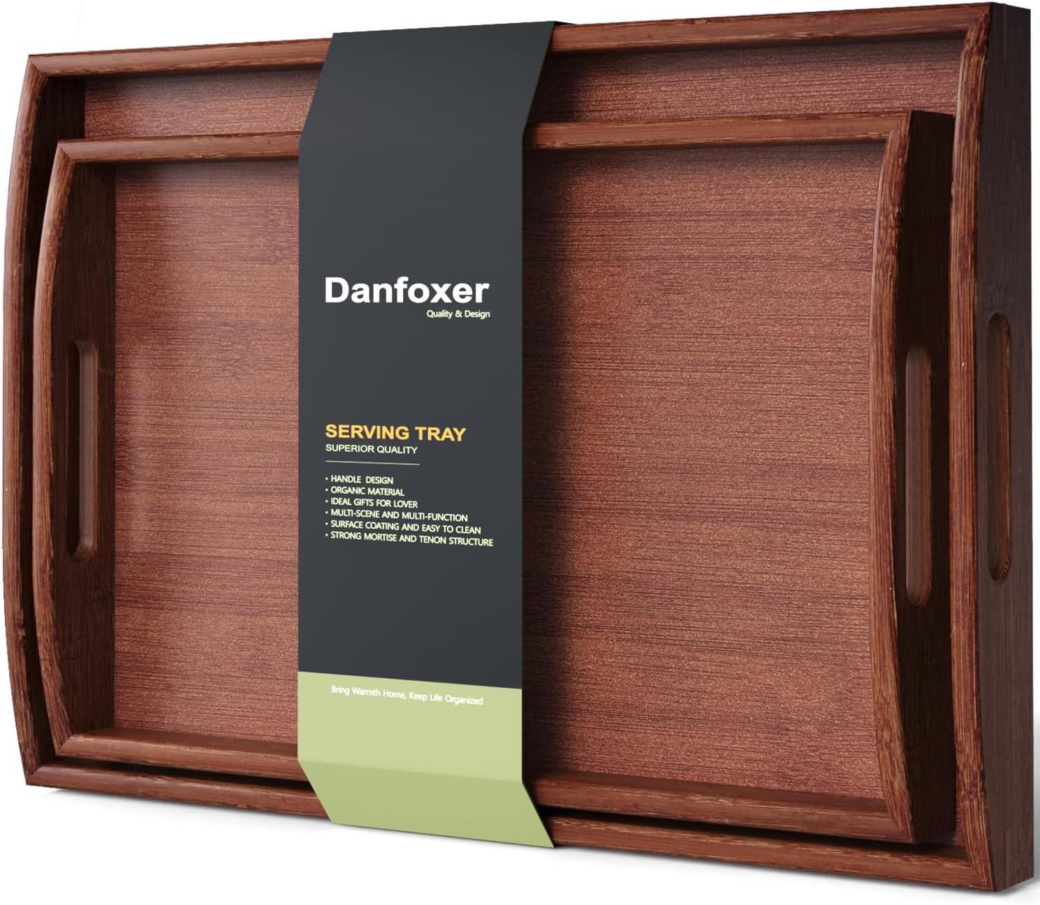 Bamboo Set of 2 Serving Trays with Handles Decorative Tray(Brown) | 2 Pack, Decorative Trays, for Coffee Table, Kitchen Counter, Breakfast, Party