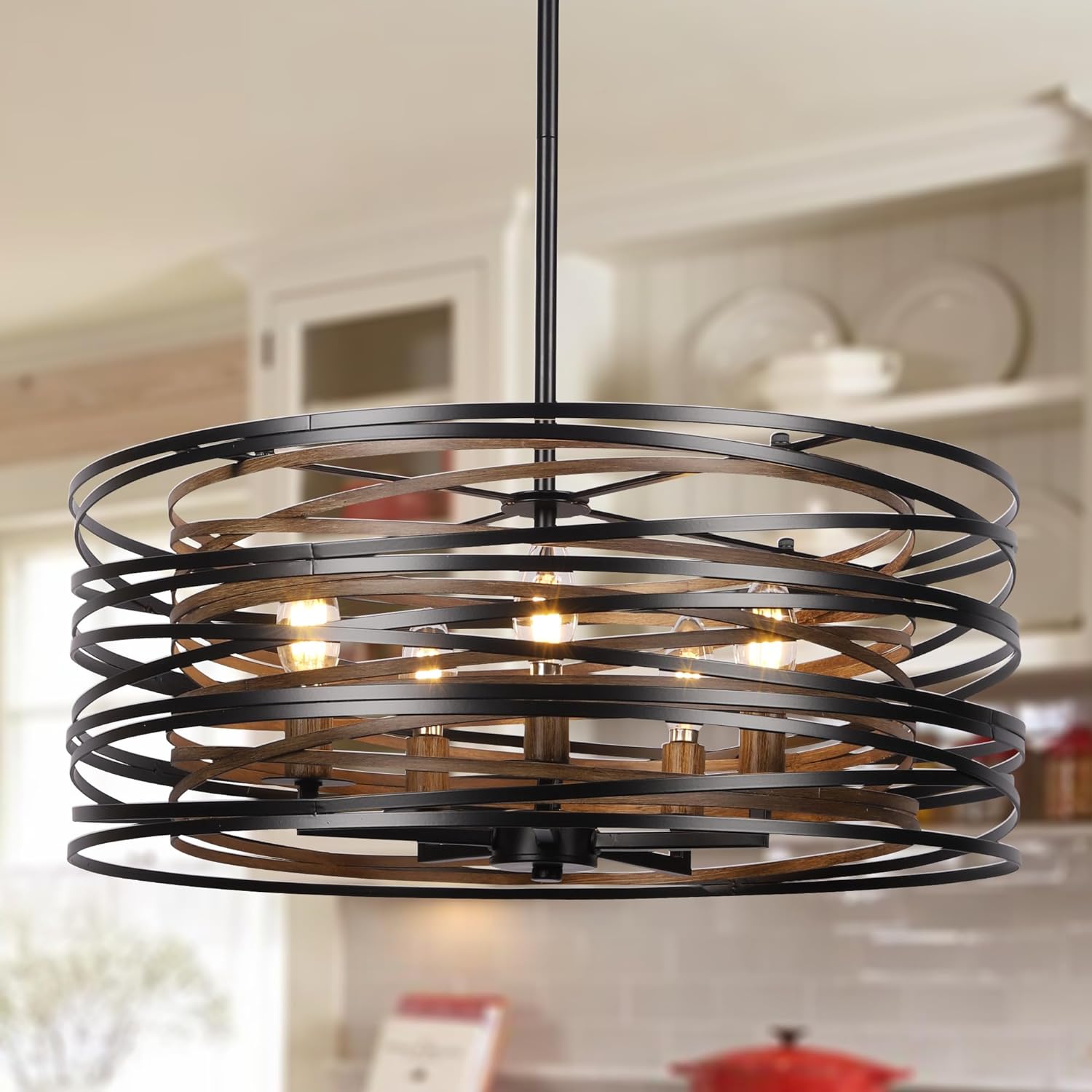 Sigaitwei 5-Light Drum Chandelier for Dining Room，19.7″ Rustic Farmhouse Dining Room Light Fixture，Wood Grain and Vintage Black Metal Chandeliers for Kitchen Entryway Living Room