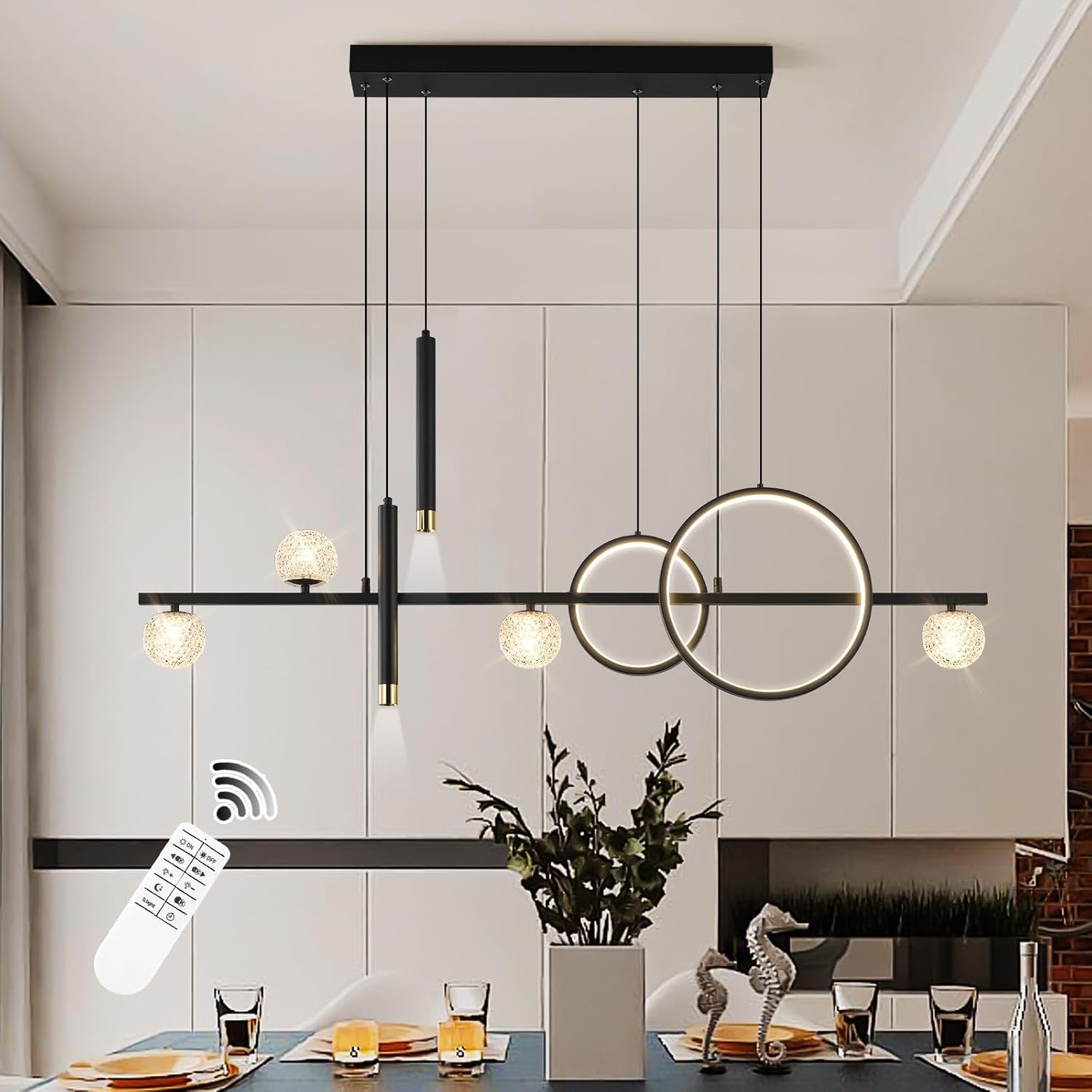 ORANOOR Modern LED Pendant Lights, Dimmable 47in Linear LED Chandelier Lighting, Upgraded Black & Gold Dining Room Hanging Light Fixtures Kitchen Island Globe Pendant Light for Dining Table (4200lm)