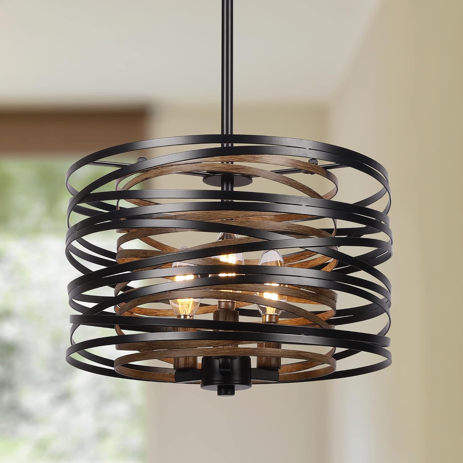 12.6” Farmhouse Chandeliers for Dining Room, 3-Light Industrial Metal Hanging Light Fixture, Rustic Drum Pendant Light for Entryway Kitchen Foyer Bedroom, Black with Retro Wood Texture Interior