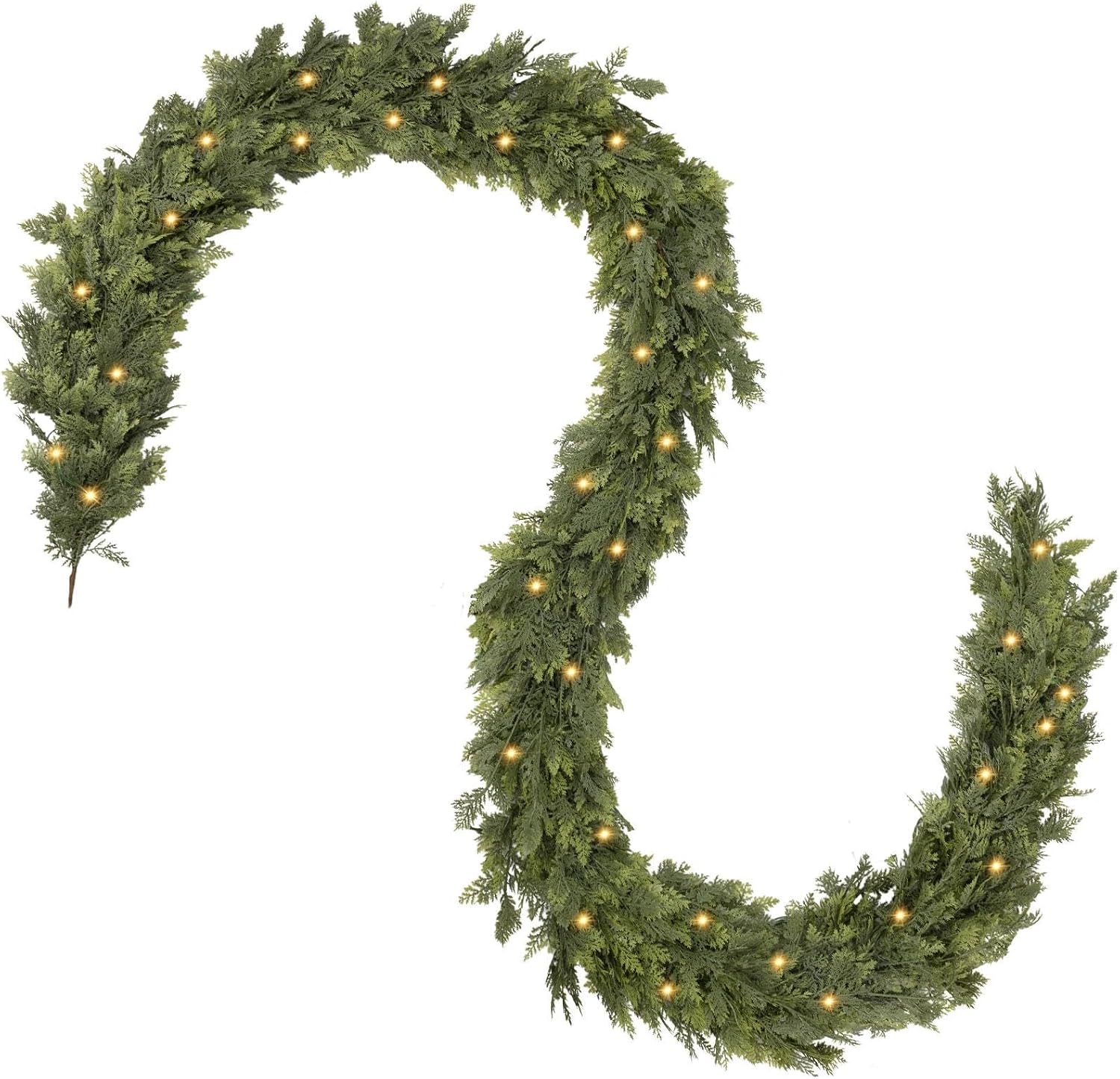 Pre-Lit Christmas Garland 9FT Decorations Real Touch Cedar Cypress Pine Greenery Artificial Green Christmas Garland with Lights for Mantle, Fireplace, Table, Stairs, Door, Indoor Outdoor Decorations