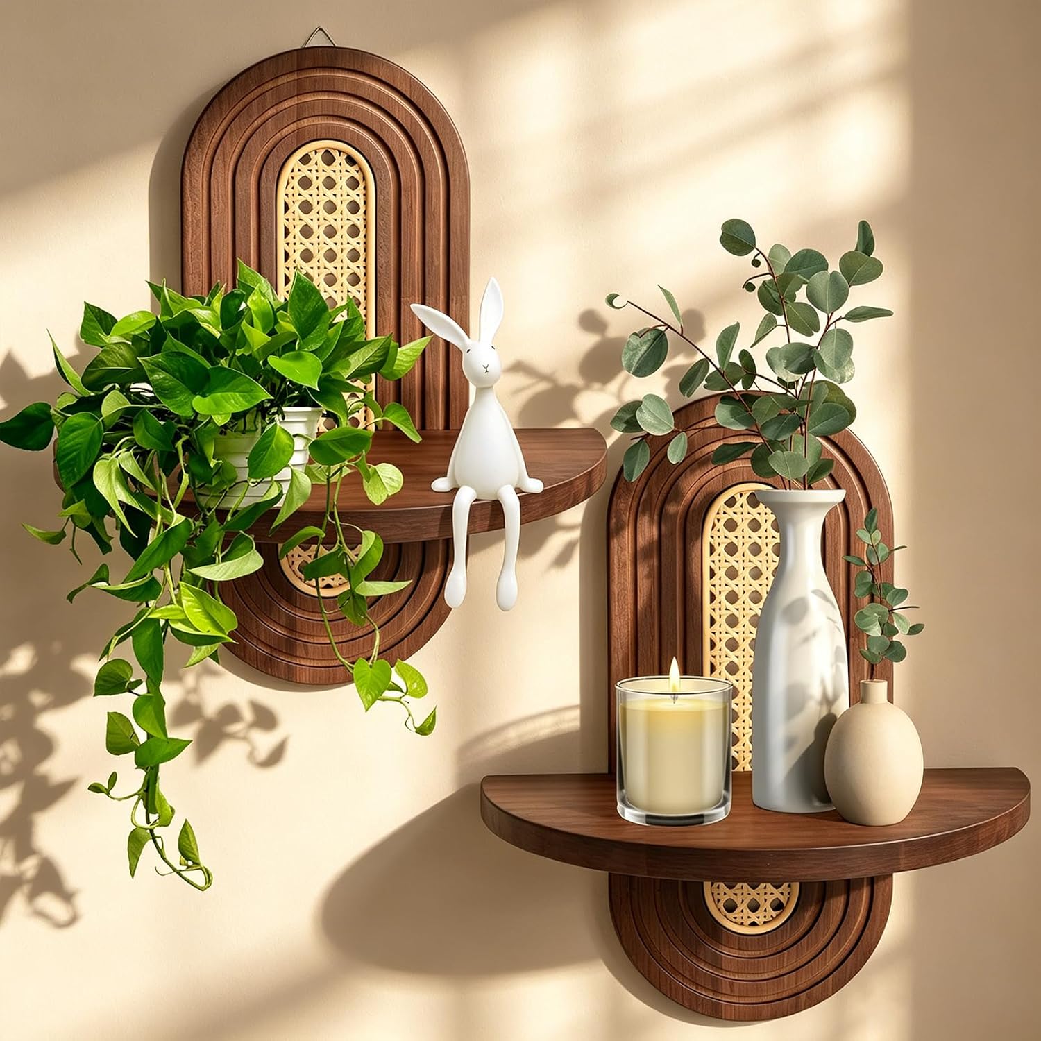 Boho Wall Shelf, 2 Set of Floating Shelves for Boho Wall Decor, Plant Wall Shelf for Indoor Plants, Mid Century Small Wooden Floating Shelves for Bedroom, Living Room Wall Decor(Walnut,14.5 x 11.8 In)
