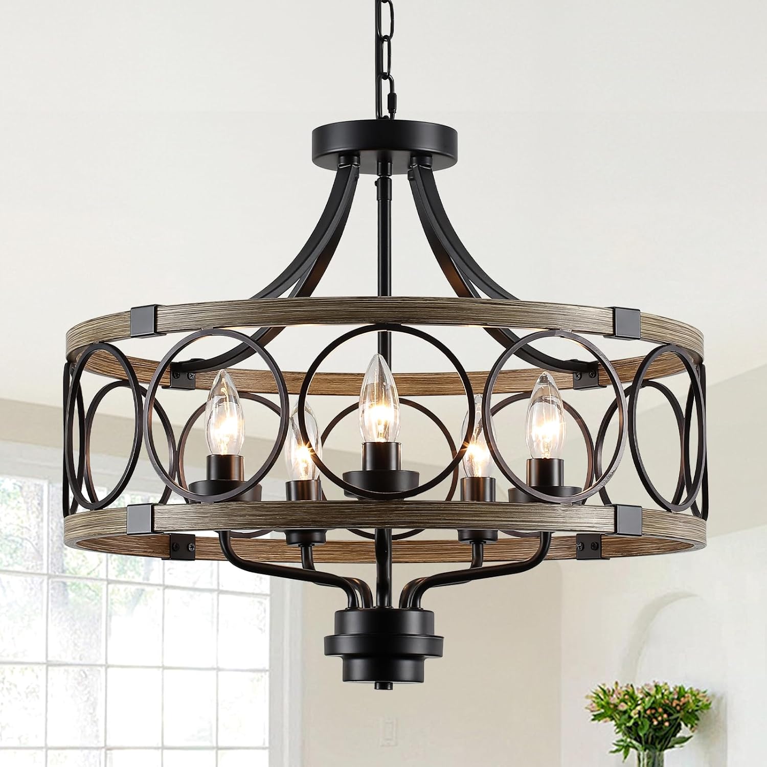 Rustic Drum Chandelier, 5-Light Black and Imitation Wood Farmhouse Ceiling Light Fixture, Round Wood Grain Finish, Adjustable Height, for Dining Room, Hallway