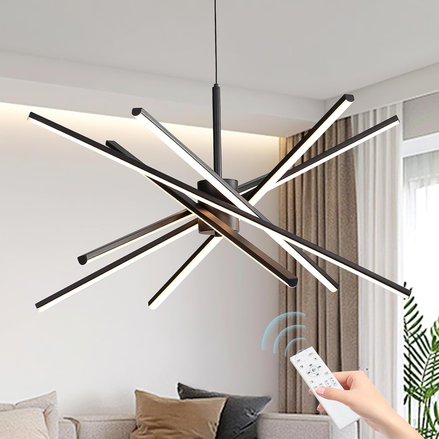 33 inches Modern Sputnik Chandelier 90W LED Chandeliers with Remote 6-Lights Dining Room Linear 3000-6000K Dimmable Dining Room Light Black Pendant Light for Living Room Bedroom Foyer