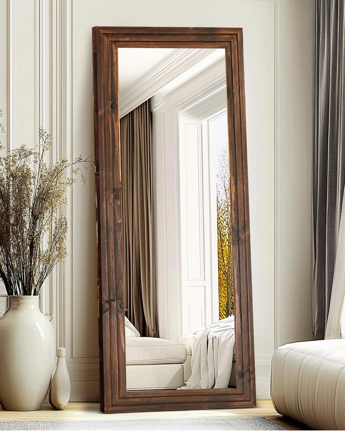 65x22in Full Length Mirror, 3-Tier Stepped Solid Wood Frame, Brown | Hanging Or Leaning Wall-Mounted, Large Floor Mirror, Living Room Bedroom Decor