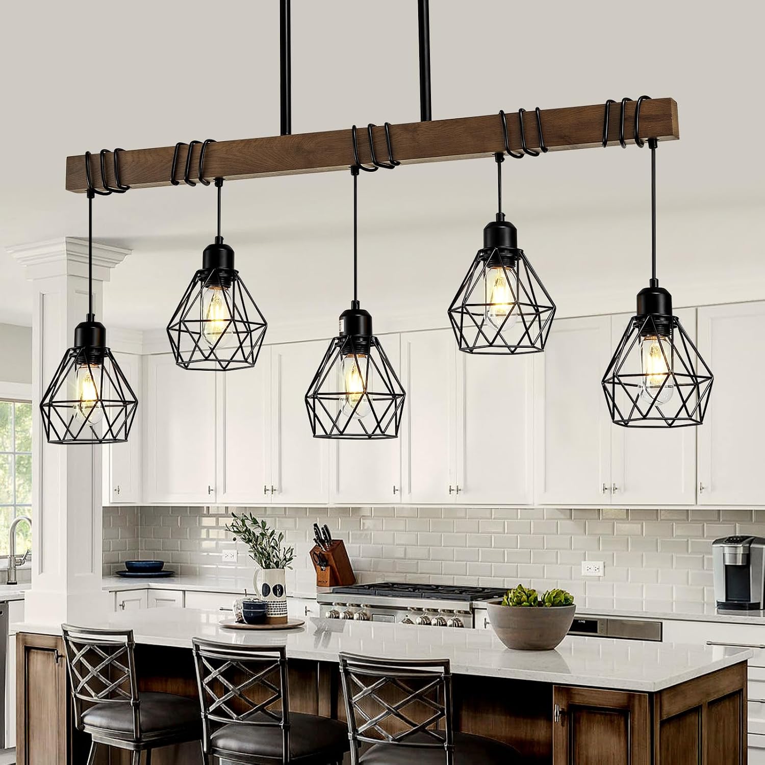 Farmhouse Dining Room Light Fixture,38.1″ Kitchen Island Chandelier | 5-Light Linear Diamond Cage Design, Adjustable Height, Rustic Wood & Black Metal Shade, Ceiling Hanging Light for Over Table