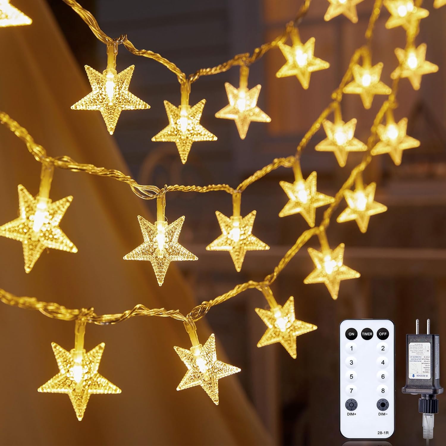 Star String Lights Plug in – 33 ft 100 LED Star Fairy String Lights with Remote and Timer, Waterproof for Bedroom Porch Wedding Party Patio Garden Tent Indoor Outdoor Décor, Warm White | 33ft Durable Wire, 100 LED Star Bulbs, Warm White Glow, Adjustable Brightness, Waterproof for Bedroom Porch Tent Indoor Décor