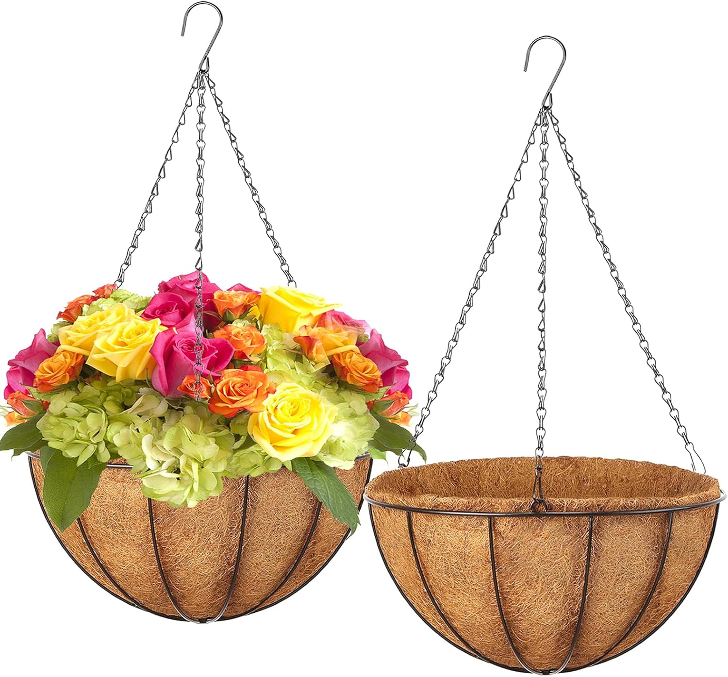 LCHUANG Hanging Baskets Planter for Plants – 2 Pack 12 Inch Metal Baskets with Coco Coir Liner, Hanging Flower Pots for Outside with Chain, Indoor Outdoor Garden Porch Decoration (12” Pack of 2)
