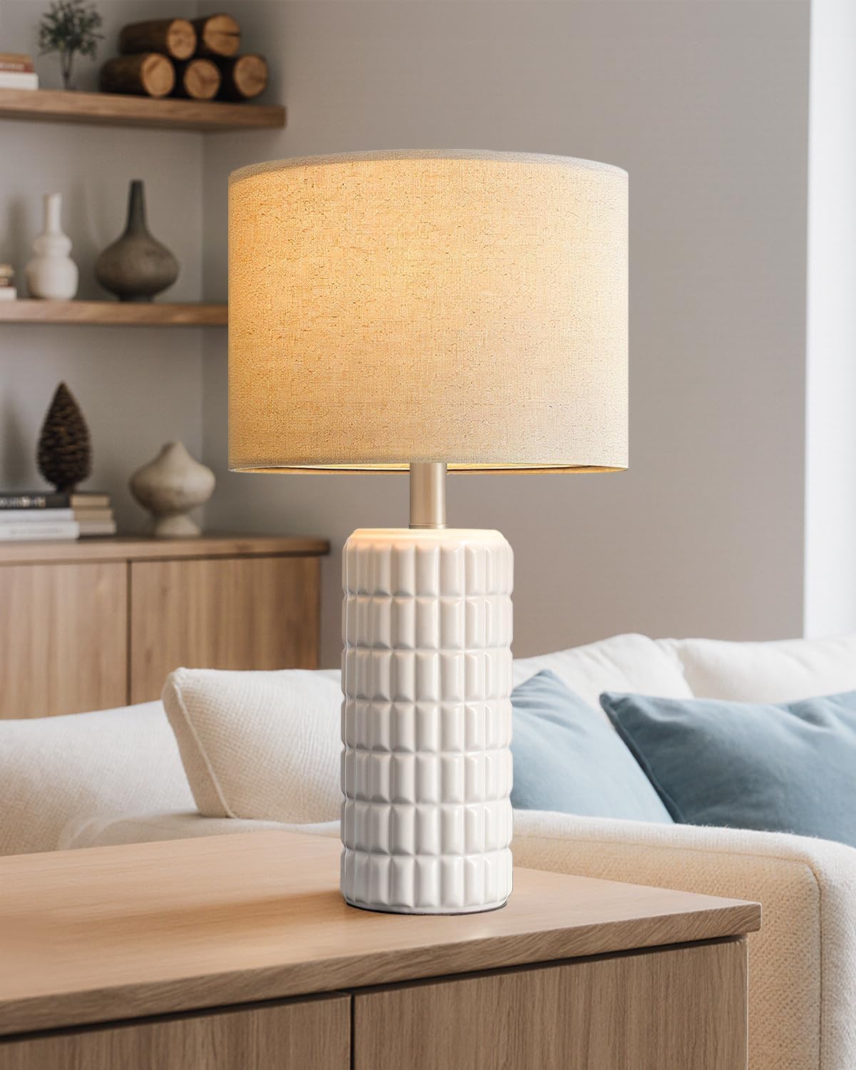 Seealle 23″ Modern Ceramic Table Lamps – Table Lamps for Living Room, Farmhouse Bedside Night Stands Lamp for Bedroom, White Boho Nightstand Lamps, Desk Lamp for End Table Home Decor(Single)