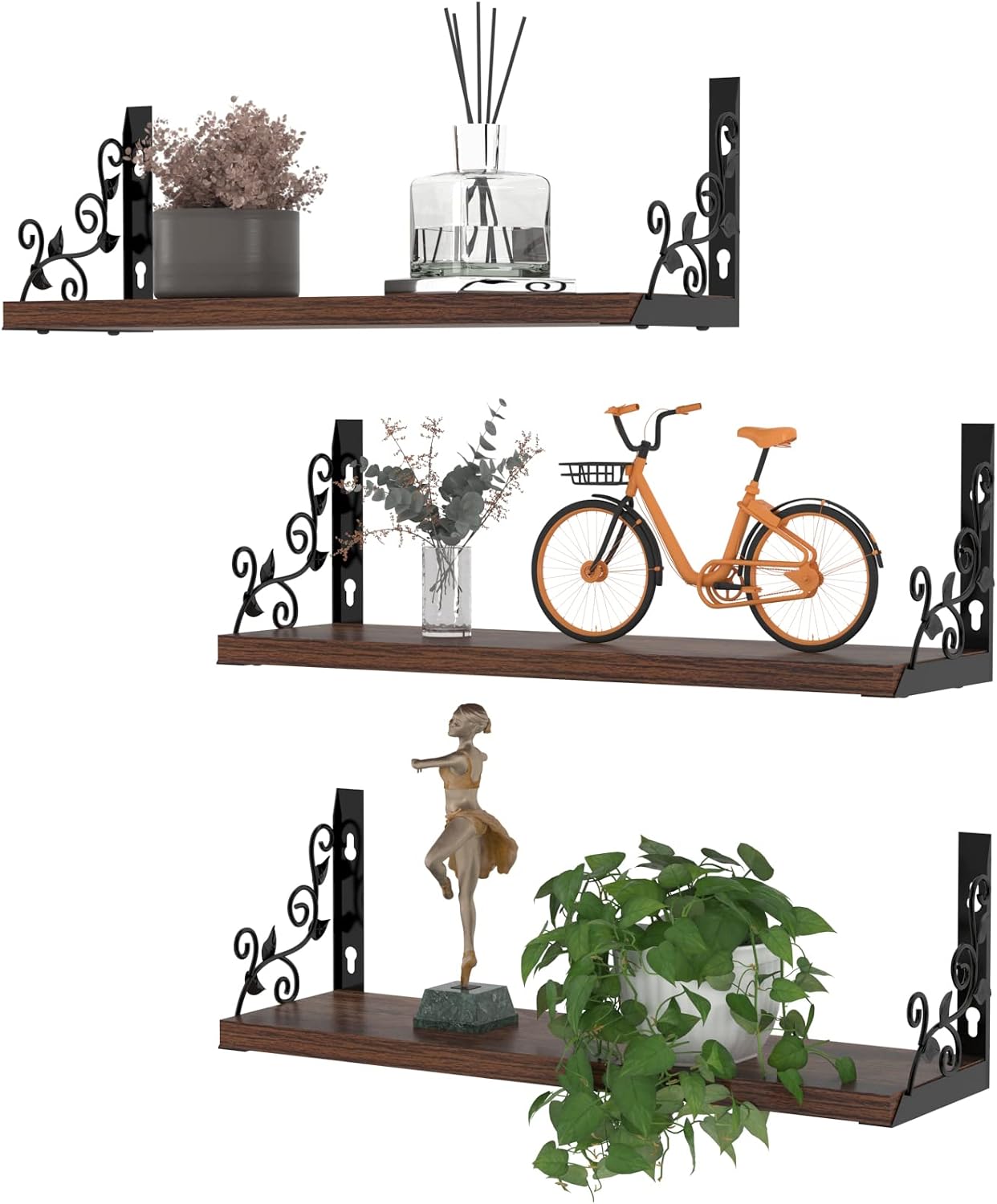 Lavezee Vintage Floating Shelves Set with Metal Vine Leaf Plants Shape for Wall Decor, Black and Rustic Wooden Decorative Wall Shelf for Living Room, Bedroom, Bathroom, 3 Packs