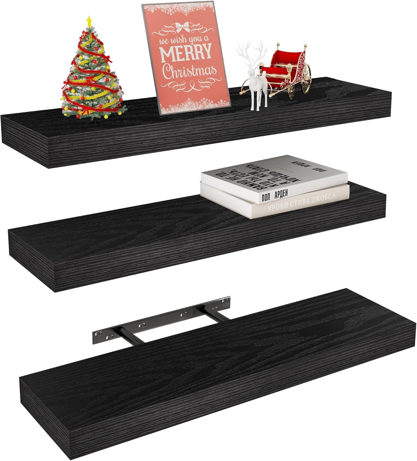 Vervida Black Floating Shelves for Wall, 24″ Rustic Wood Deep Wall Mounted Shelves with Invisible Brackets for Decor & Storage, Floating Shelf for Living Room, Bathroom (Set of 3)