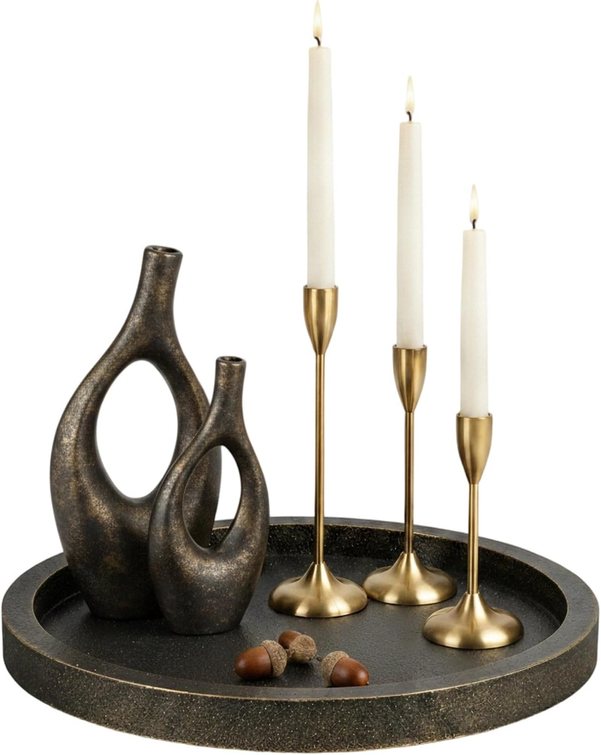 Hanobe Round Decorative Tray for Coffee Table Decor, Vintage Brass Finish | 11.8″ Small Circle Wood Candle Holder Plate for Rustic Farmhouse Living Room, Kitchen Centerpiece, Entryway