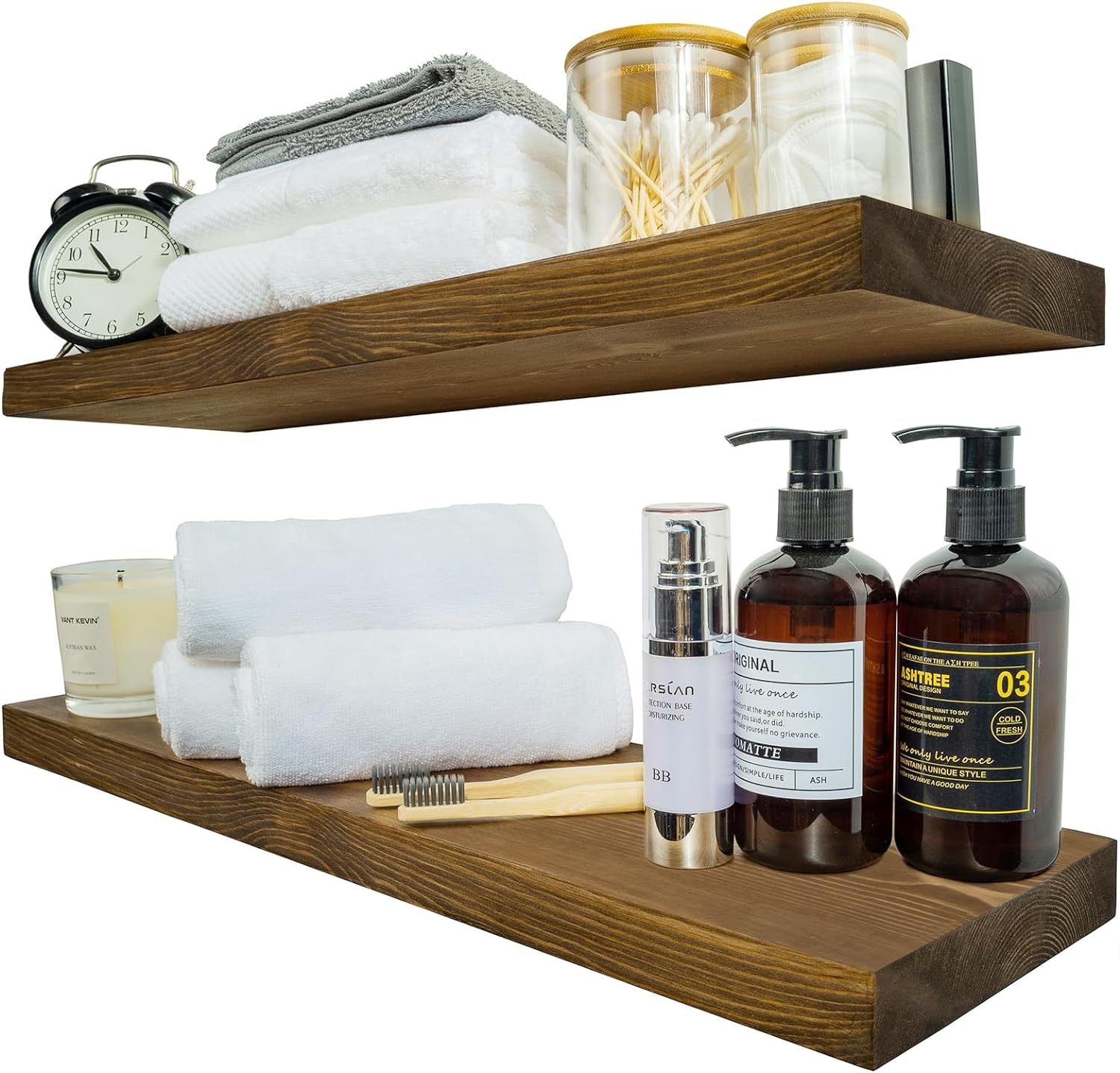 BGMG Wood Floating Shelves for Wall 24 inch Set of 2, Rustic Wooden Wall Mount Shelves for Bathroom Living Room Bedroom Kitchen Farmhouse -24×6.7-Dark Walnut