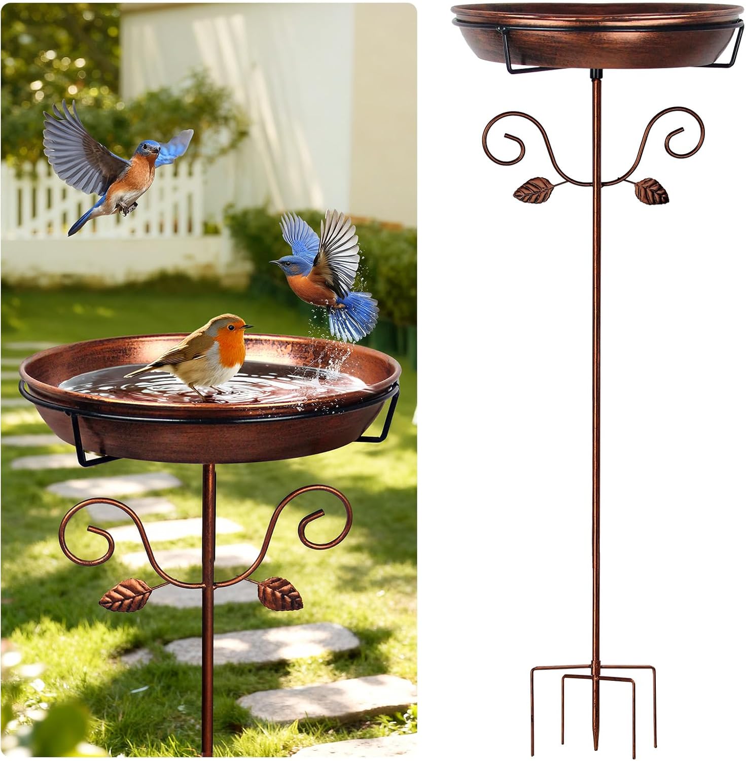 Ieuan 35.4″ Metal Bird Bath for Outside, Freestanding Birdbaths, Gold | Bowl Diameter: 12 inch, Depth: 2.2 inch Vintage Scroll Design, Baked Paint Coating