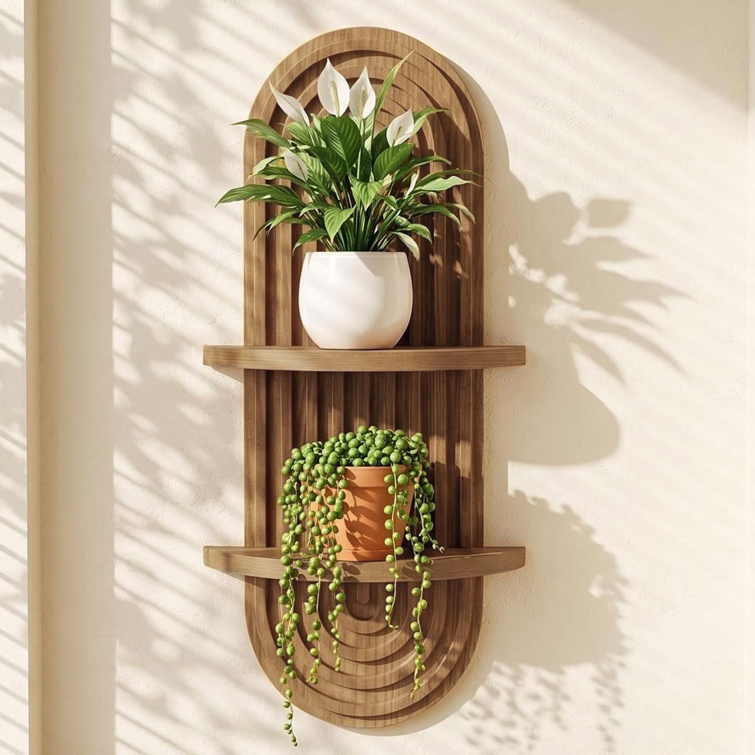 Boho Wall Decor Brown Hanging Shelves, 16.7in Walnut Floating Plant Shelf for Wall, 2 Tier mid Century wall Shelf for Home Bathroom Bedroom Living Room Office Holding Planter