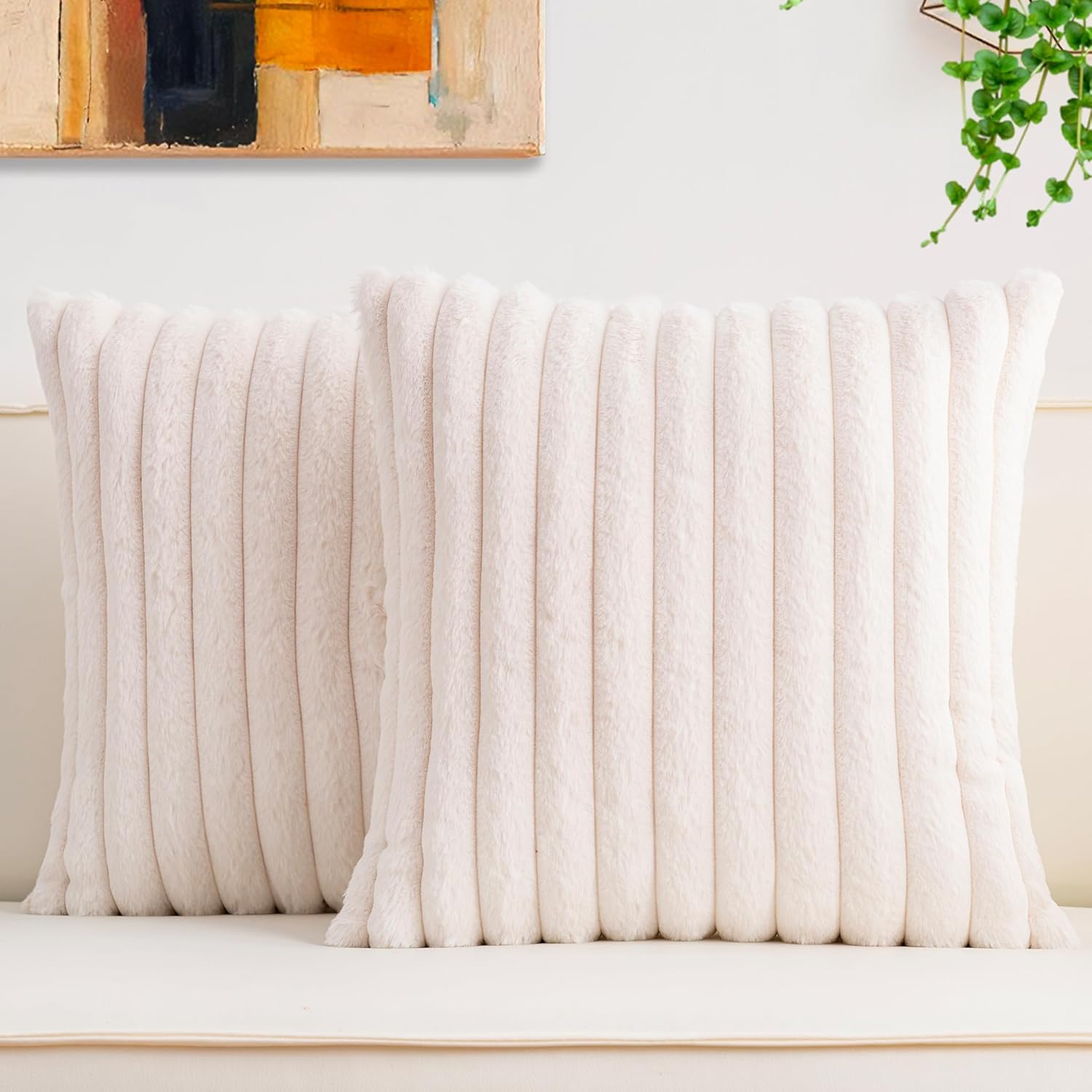 Pack of 2 Faux Fur Christmas Throw Pillow Covers 18×18 Inch, Cream White | Fall Plush Striped Couch Pillow Cover, with Velvet Back Modern Home Decorative Throw Pillow for Sofa Living Room Couch Bed