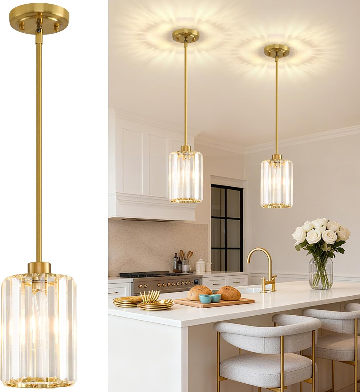 2 Pack Pendant Lights Kitchen Island, Modern Gold Pendant Light Fixtures, Mini Chandelier Crystal Kitchen Island Lighting, Hanging Pendant Lights Fixture for Kitchen Island Dining Room Hallway Foyer