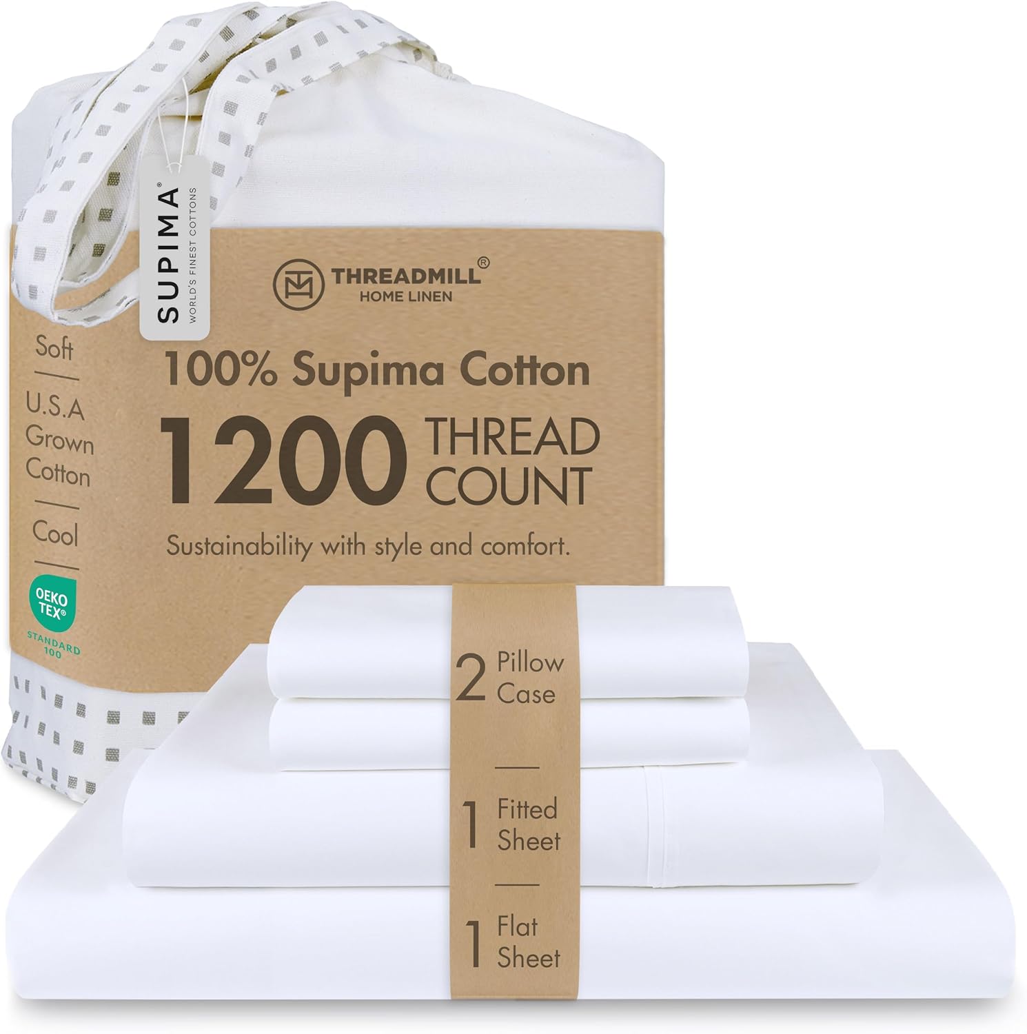Threadmill 1200 Thread Count Supima Cotton King Sheet Set, Sateen, White | 100% Supima Cotton, Sateen Weave, 4-Piece Set, 17″ Deep Pocket, Fade-Resistant, OEKO-TEX Certified, Machine Washable