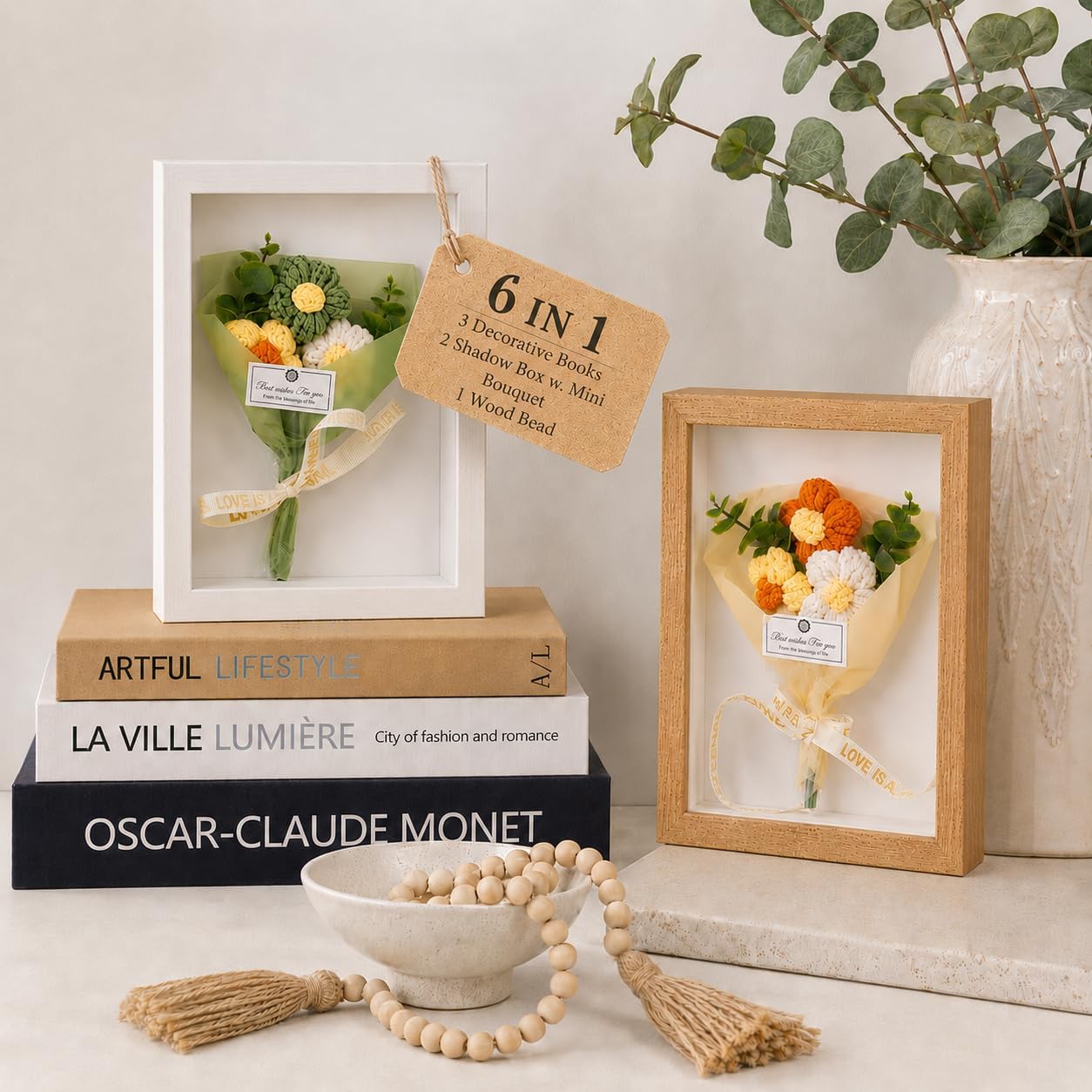 6 in 1 Home Decor Set, Coffee Table Decor, Boho Decor for Bookshelf, Mantel | Decorative Books, Shadow Box Frames, Wood Bead