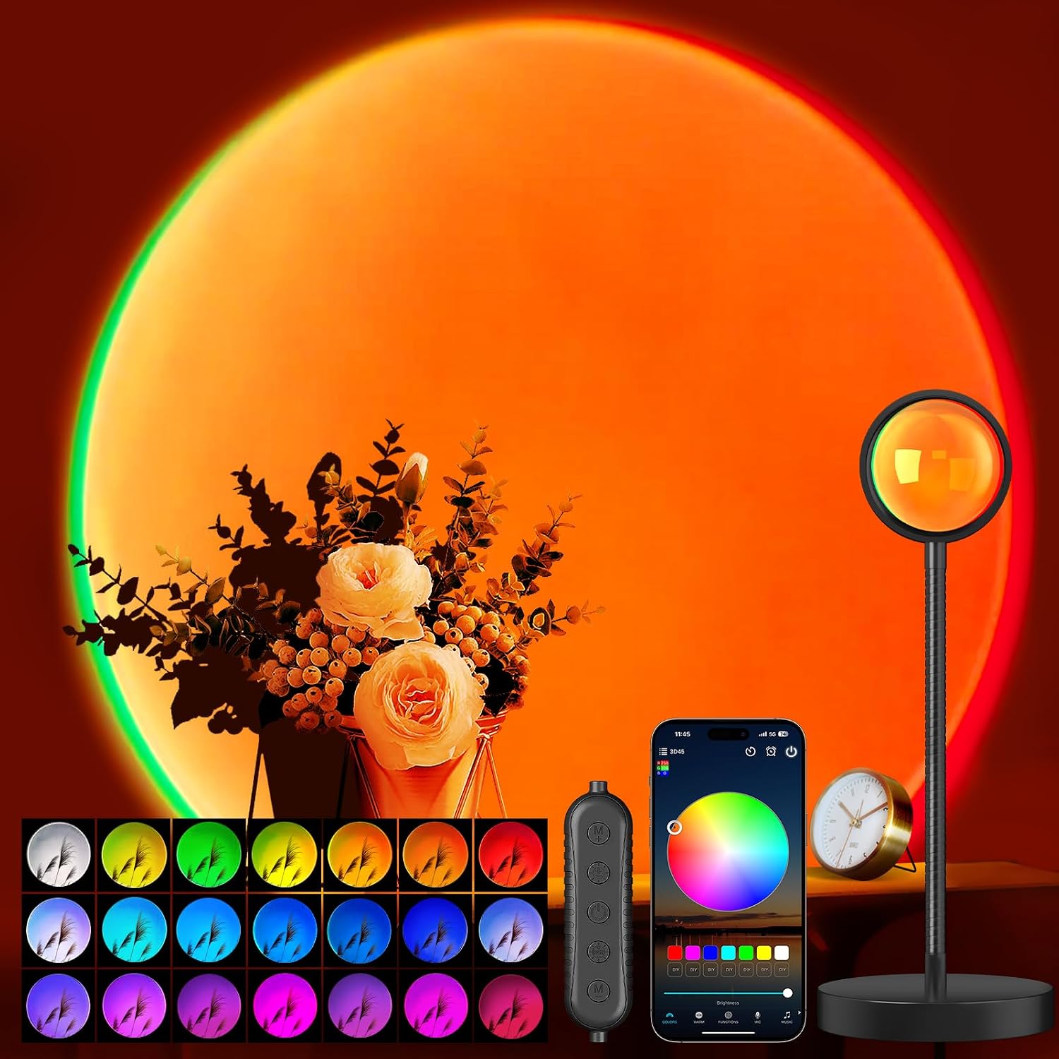 Neroupe Sunset Lamp Projector with APP & Button Control, 360 Degree Rotation Multiple Colors Changing LED Lamp Night Light, Sunset Light for Bedroom Decor/Party/Tiktok Live/Room Decor