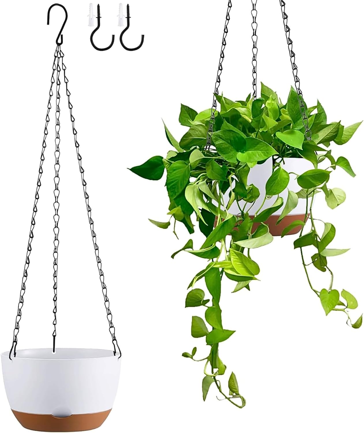 Set of 2 Hanging Planters for Indoor Outdoor Plants, 8 Inch Self-Watering Hanging Flower Pots with Drainage Hole & Removable Water-Storage Tray (Hooks)
