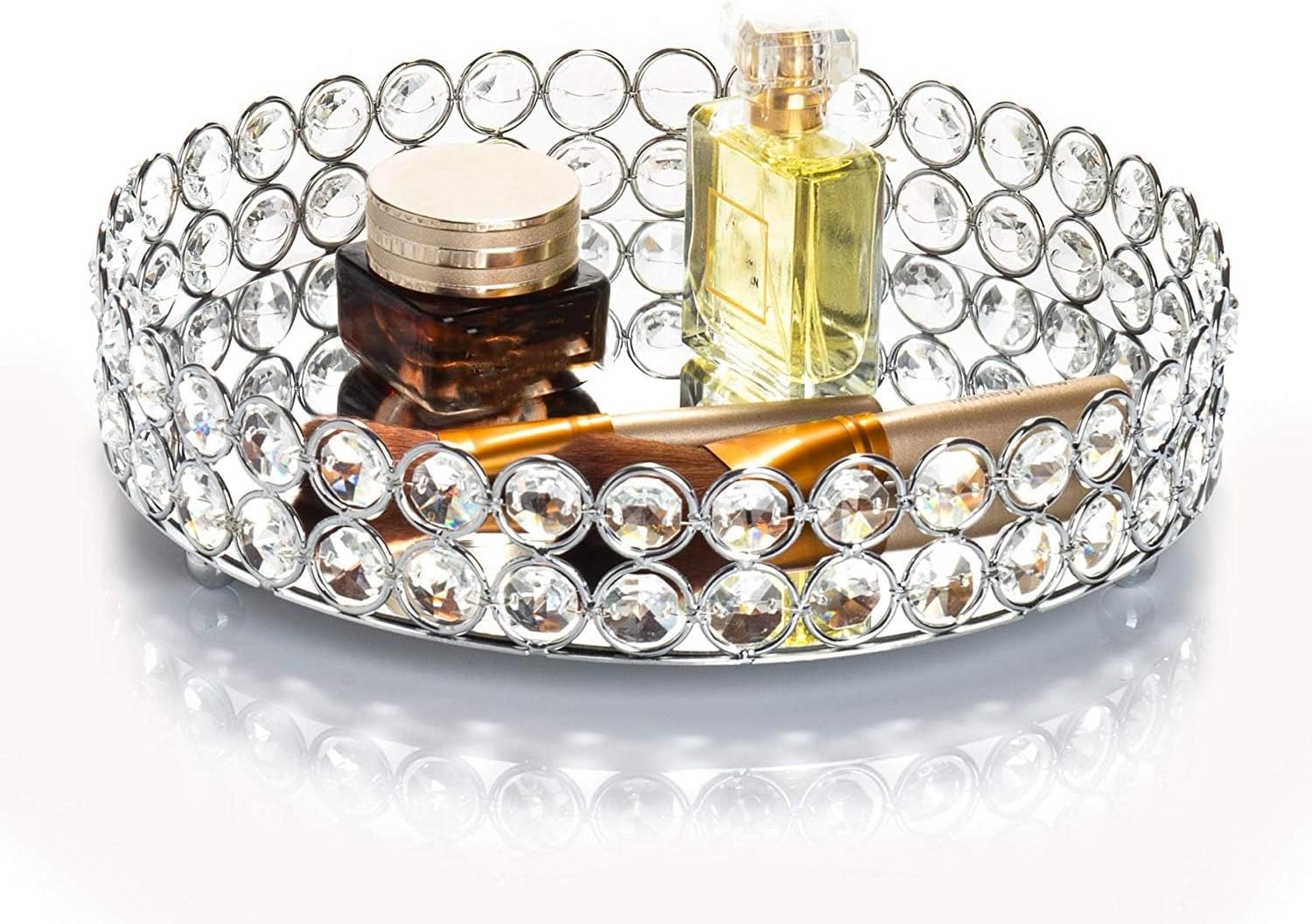 Feyarl Crystal Perfume Tray Cosmetic Makeup Vanity Tray Jewelry Trinket Organizer Mirrored Decorative Tray for Home Deco Christmas Birthday Gift(Round 10″ inch) (Silver)